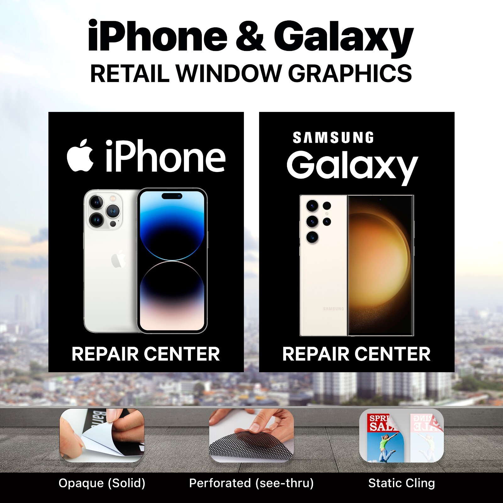 iPhone Galaxy cell phone repair sign poster perforated window decal sticker