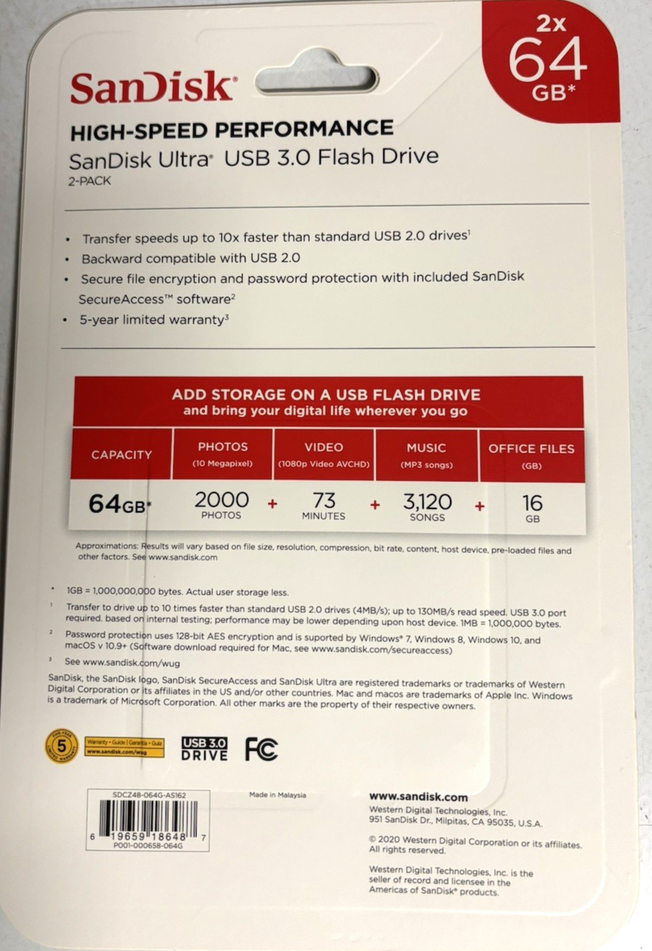 SanDisk 64GB Ultra USB 3.0 Flash Drive – Black, 2 Pieces (SDCZ48064GAS162)