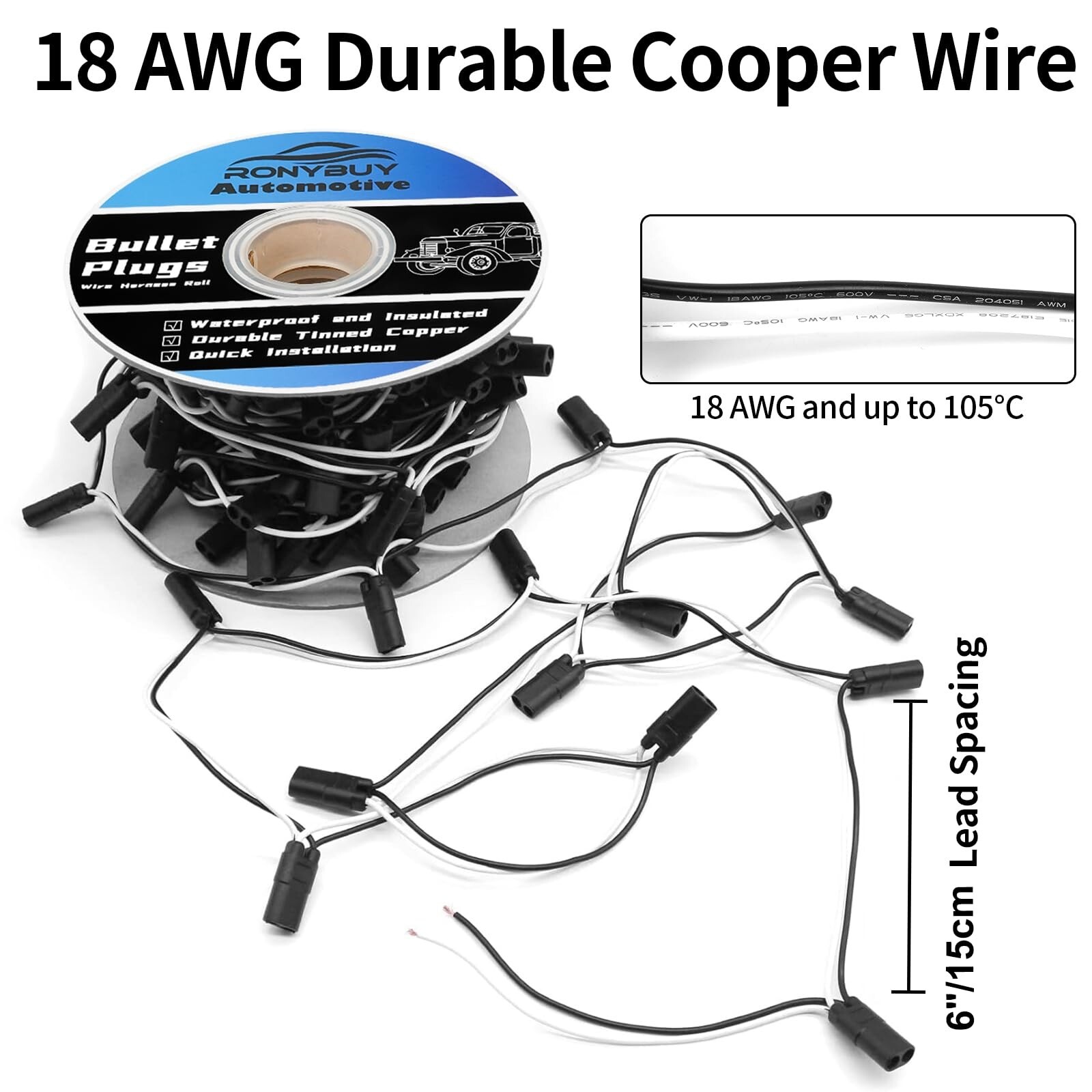 50 Count 2-Prong Double Female Bullet Plug Wire Harness Roll, 2 Prong Continu…
