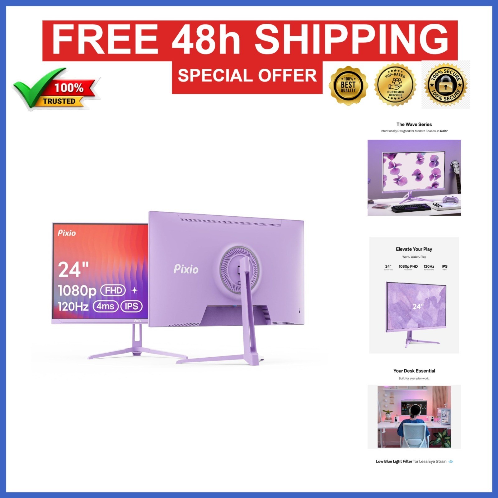 Pixio PX246 Wave Purple 24″ Monitor FHD 1920×1080 120Hz IPS FreeSync