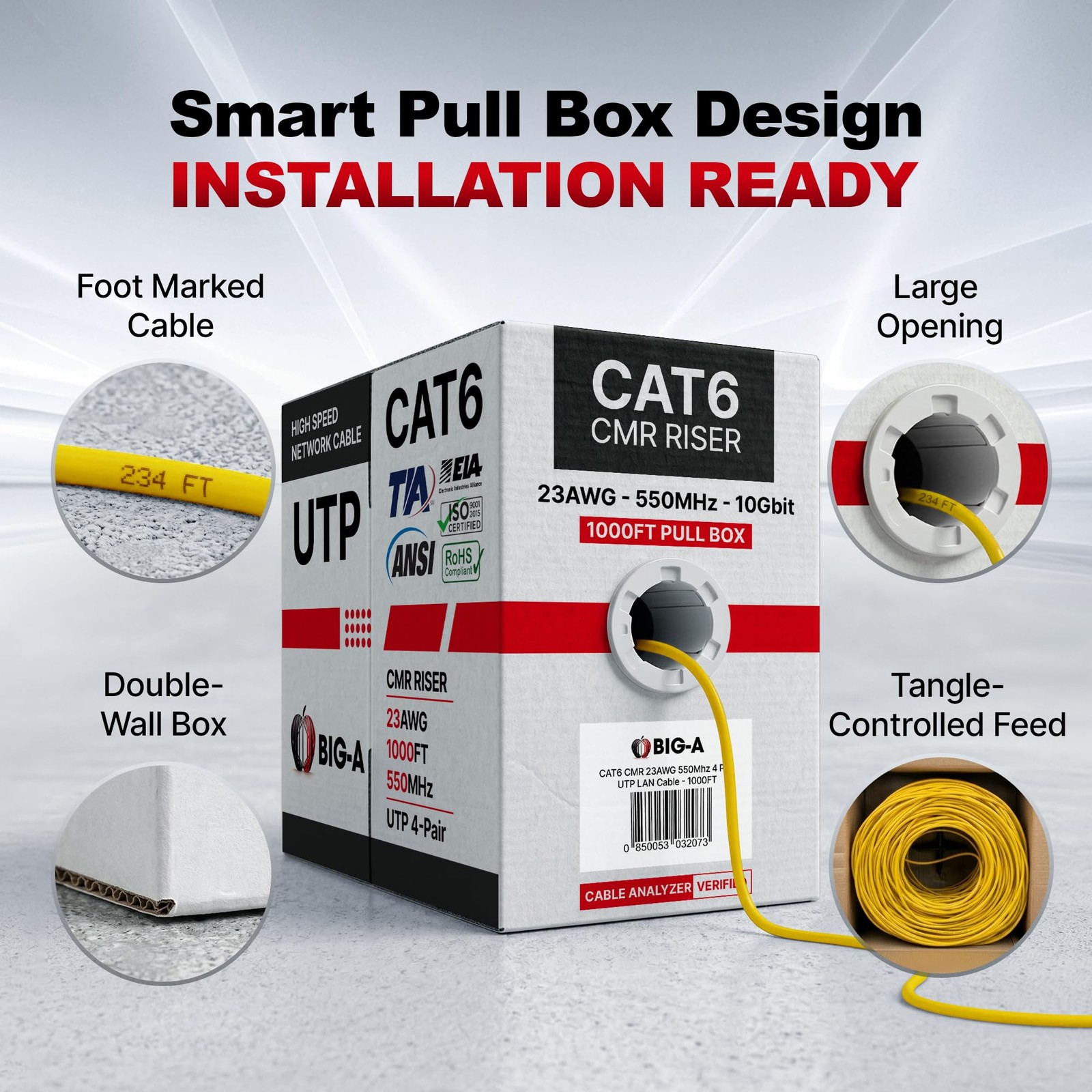 Big-A Cat 6 Ethernet Cable 1000ft Yellow, Cat6 Bulk Cable, 1000FT, Yellow