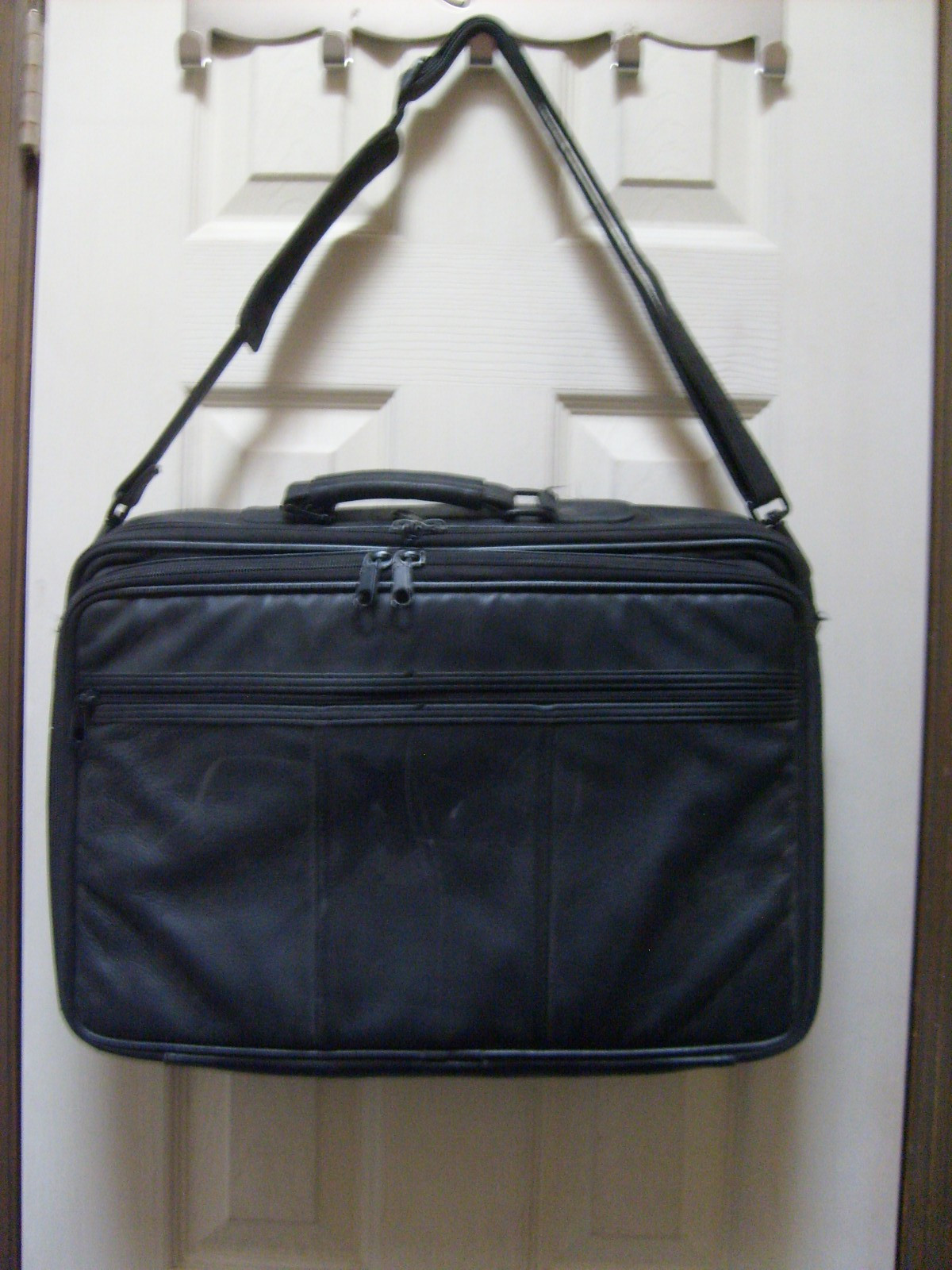 Black Leather Briefcase-Laptop-Travel Shoulder Strap Bag-Expandable 17″