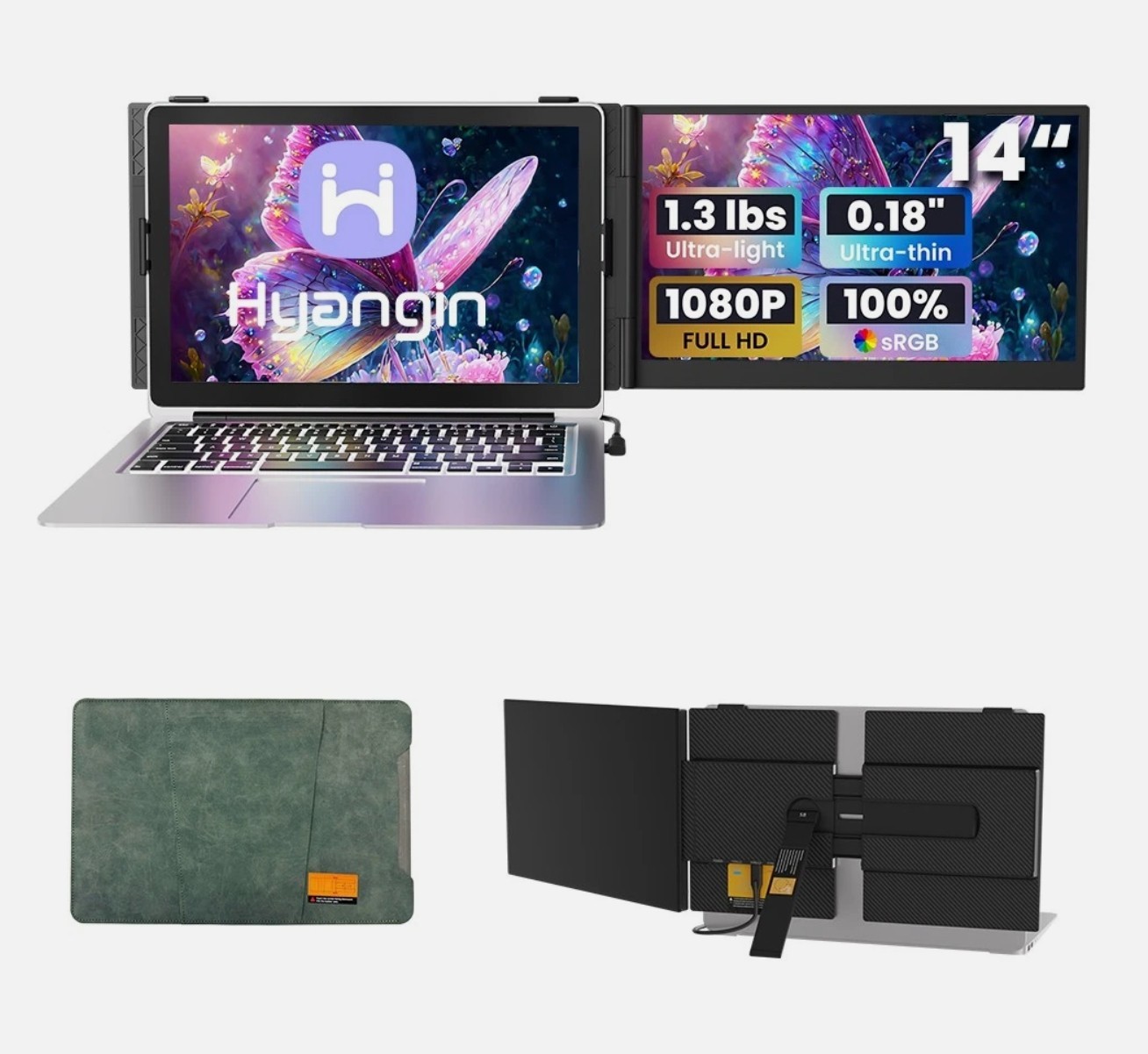 TeamGee S8 14” Triple Laptop Screen Extender 1080P FHD Dual Monitor Portable