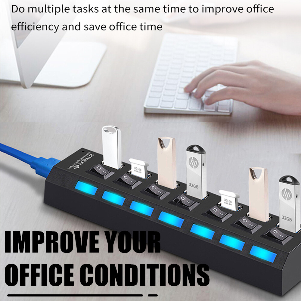 7 Port USB 2.0 / 3.0 Hub Splitter Adapter High Speed For PC Laptop Mac Desktop