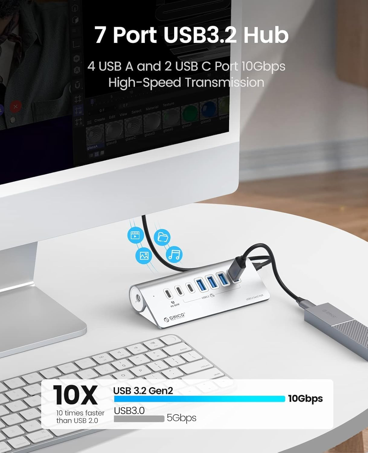 7-Port USB 3.2 Gen2 Hub, Powered USB 3.2 Hub with 4 USB-A, 2 USB-C, PD 60W, 72W