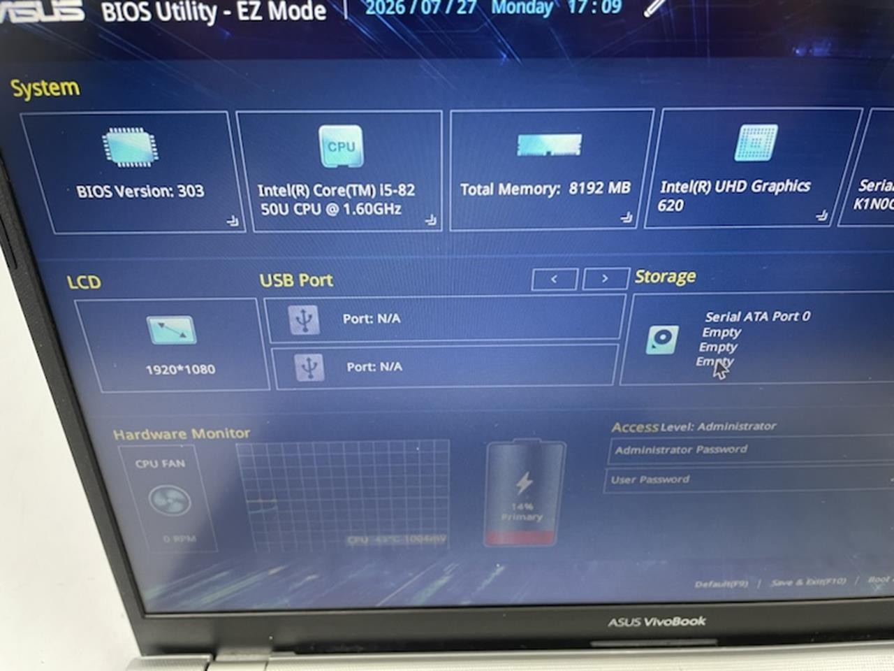 ASUS VIVIOBOOK X420UA Laptop w/ INTEL CORE i5-8250U 1.60 GHZ + 8 GB No HD/OS