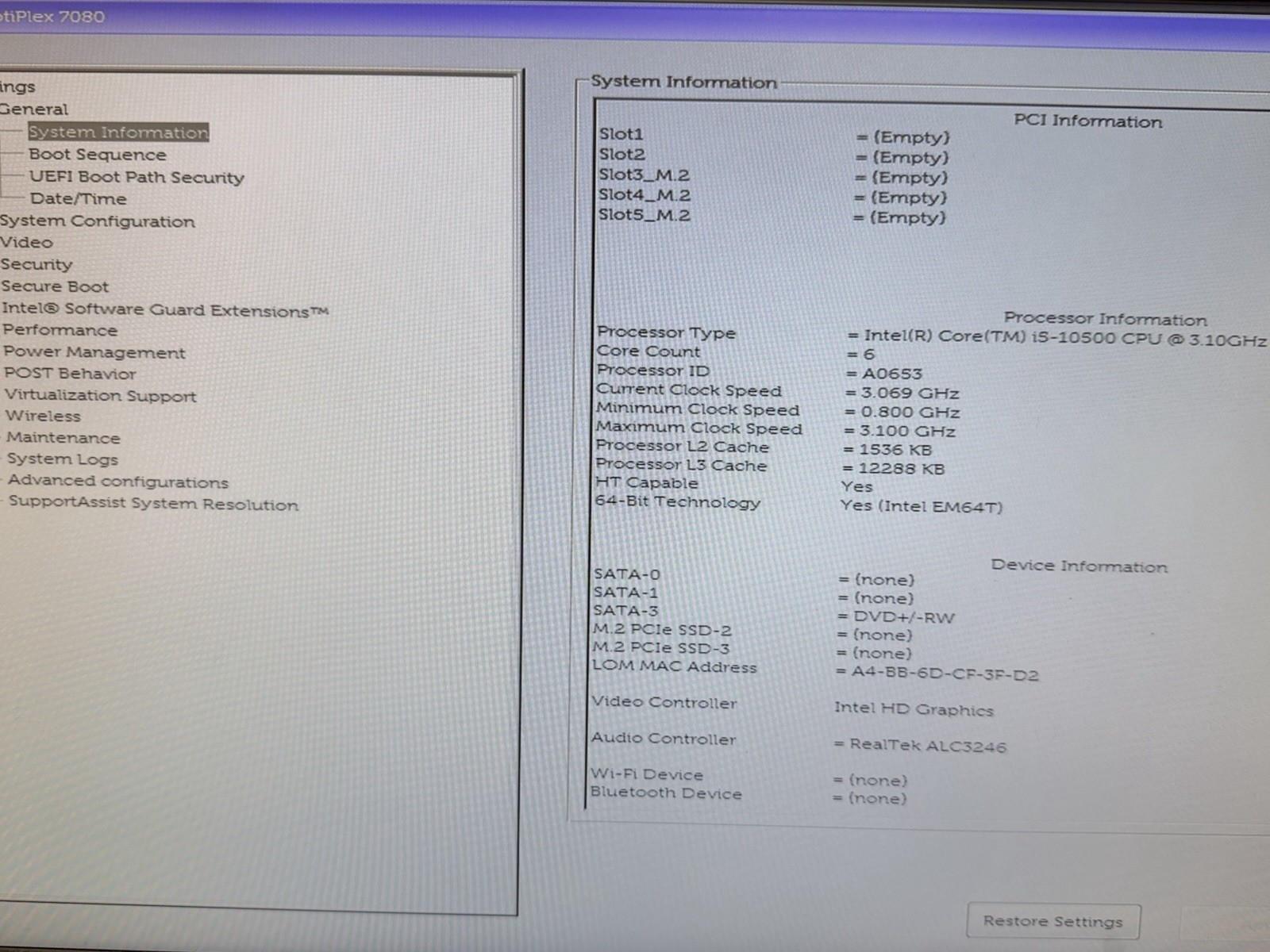 Dell OptiPlex SFF 7080 Core i5-10500 3.10GHz 16 GB RAM -NO HDD-