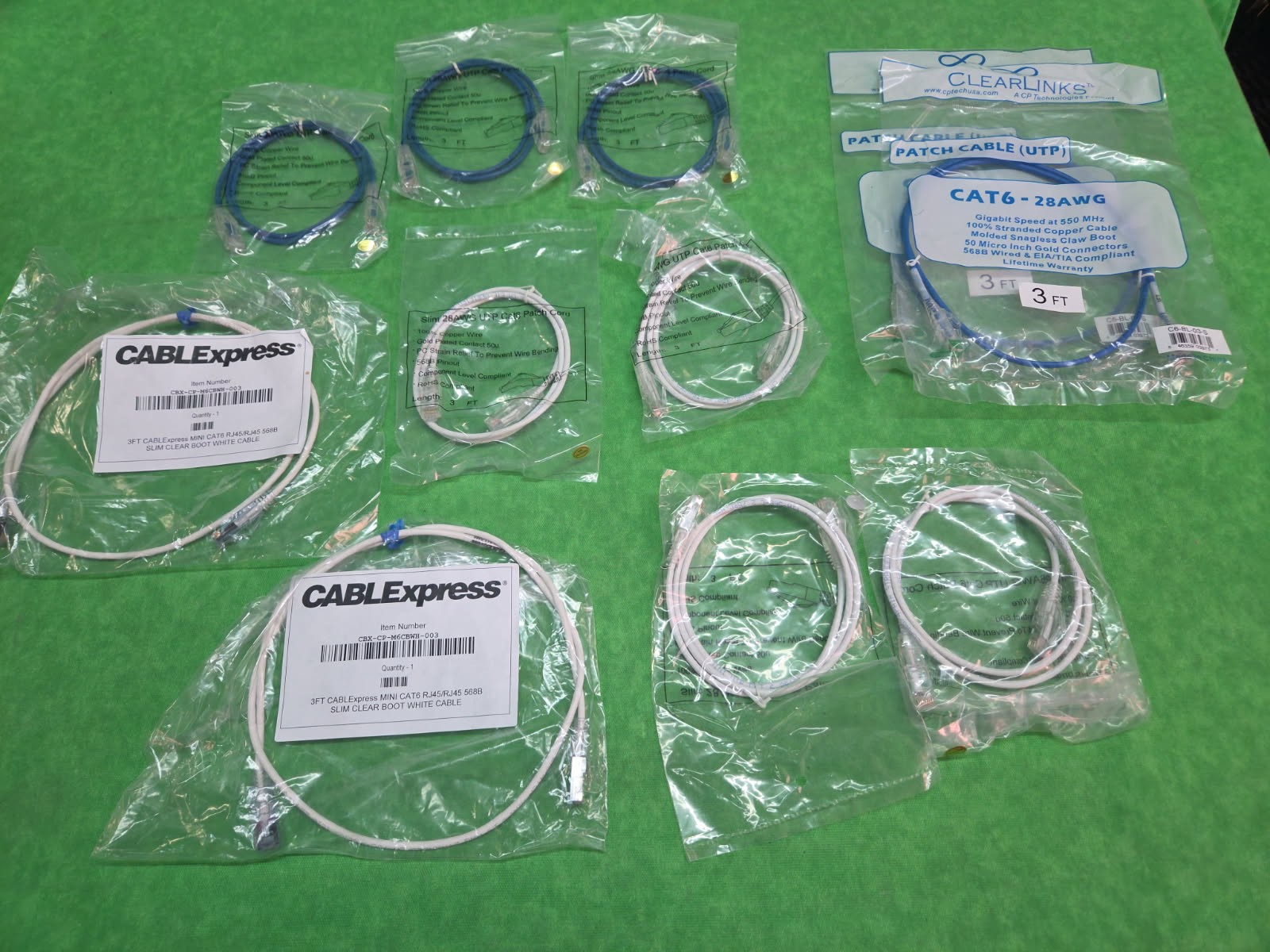 Ultra Slim CAT 6 UTP White & Blue Patch Cables 28AWG RJ45 3 feet NEW LOT 11 PCS