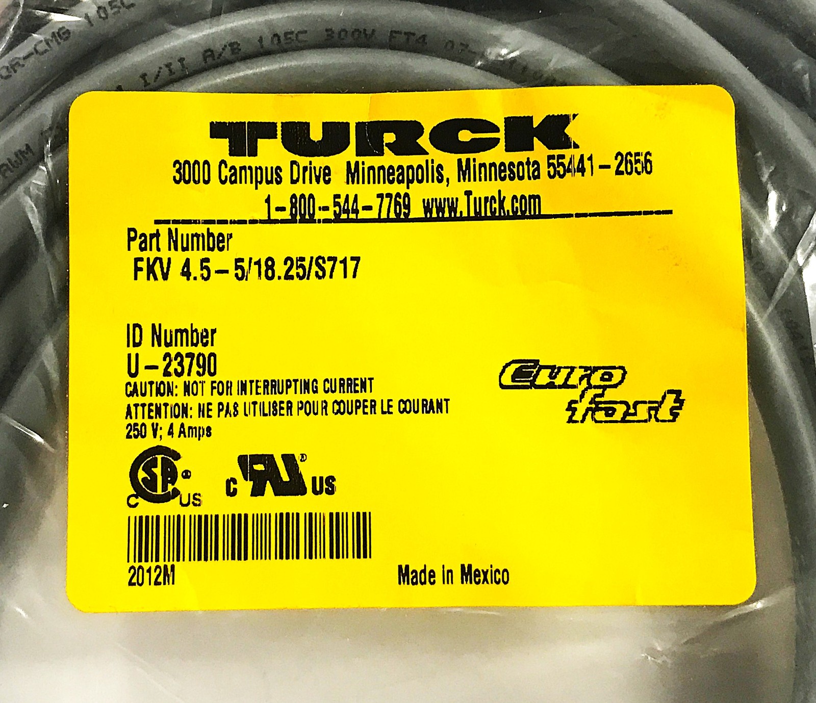 TURCK Euro Fast Plug-Receptacle Cable FKV4.5-5/18.25/S717 NOS