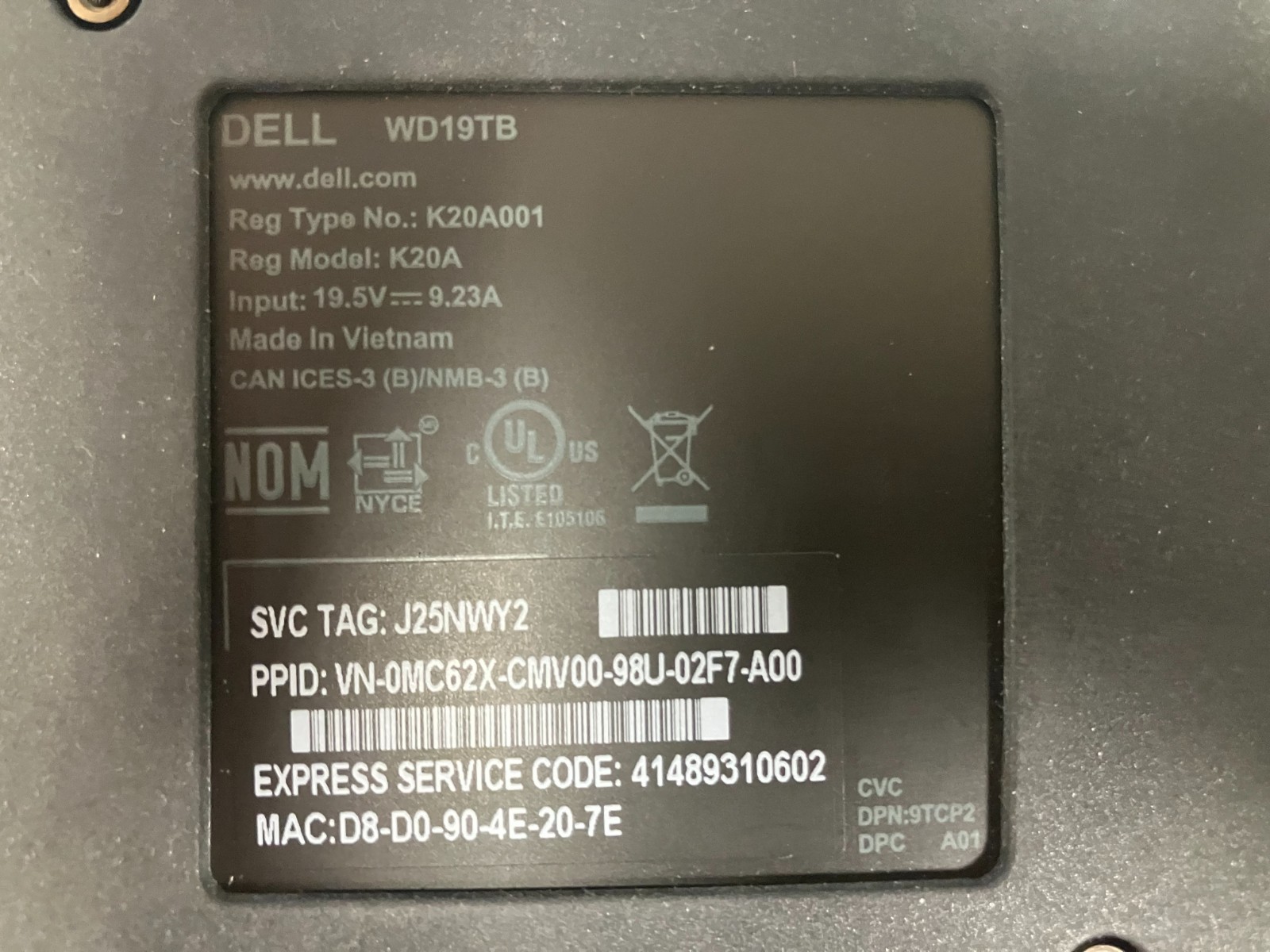 Dell WD19TB Regular Type No. K20A001 USB-C Docking Station with Power Adapter