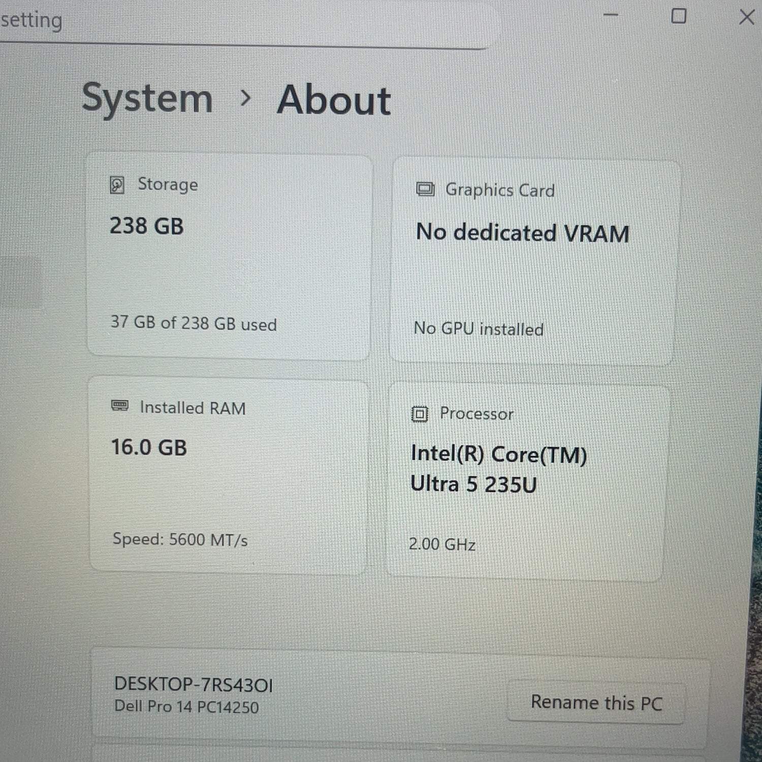 Dell Pro 14 PC14250 13.3″ Core Ultra 5 235U 2.0GHz 16GB RAM 256GB SSD