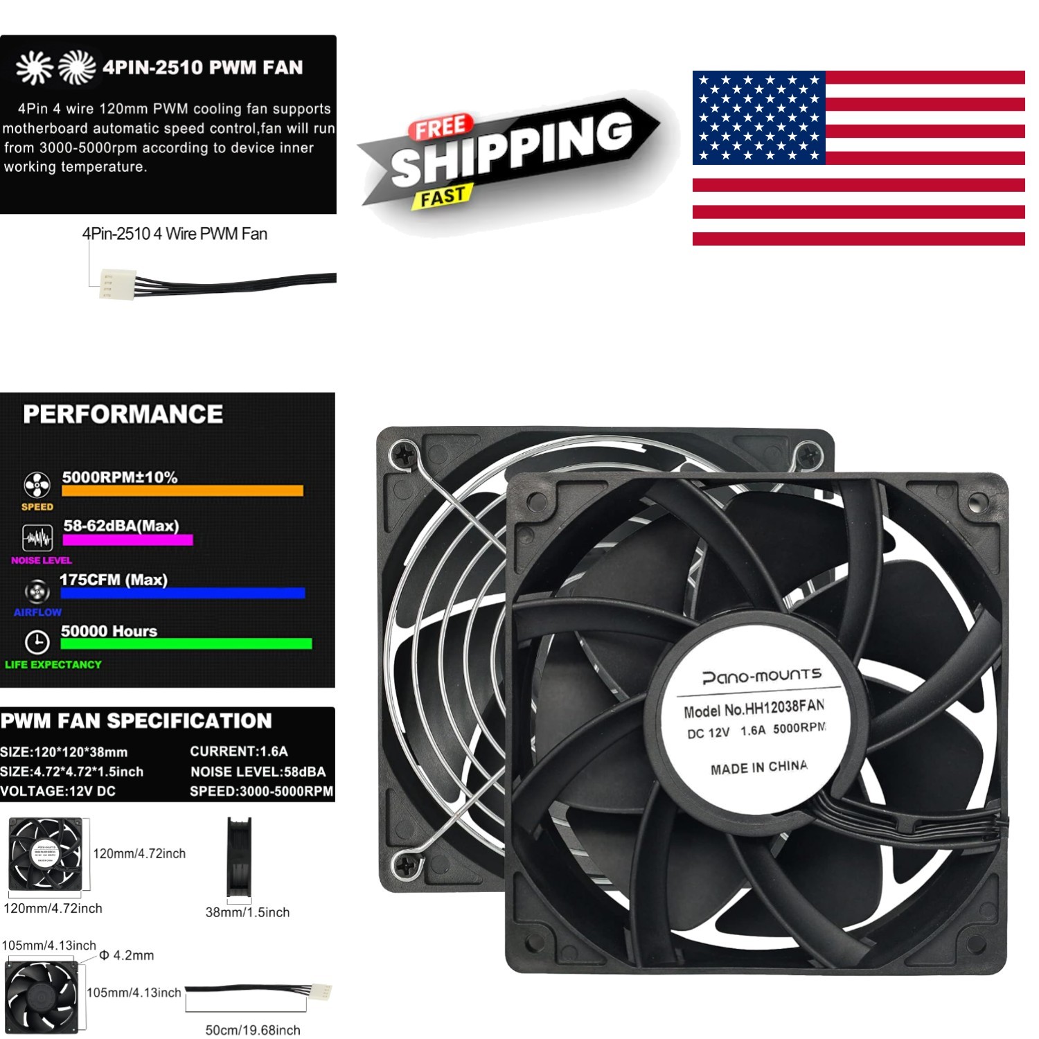 High Airflow 120x38mm Fan with Low Noise Level for Efficient Cooling Solutions