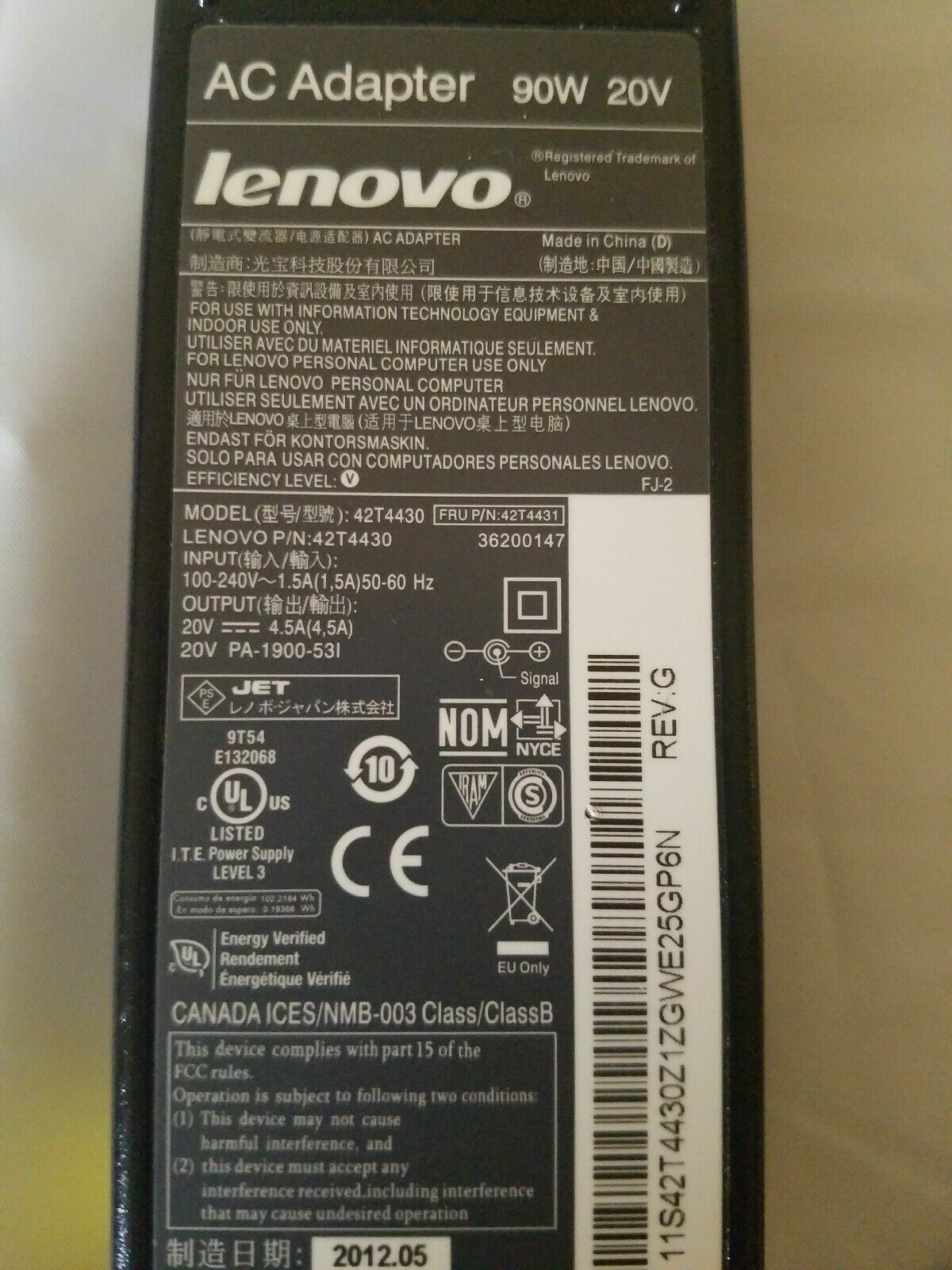 GENUINE LENOVO THINKPAD T60 Z60 X60 90W 20V 4.5A AC ADAPTER CHARGER 42T4426