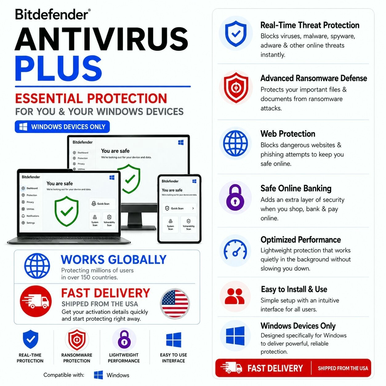 Bitdefender Antivirus Plus 2026 – 3 Years 10 Windows Device – Daily VPN