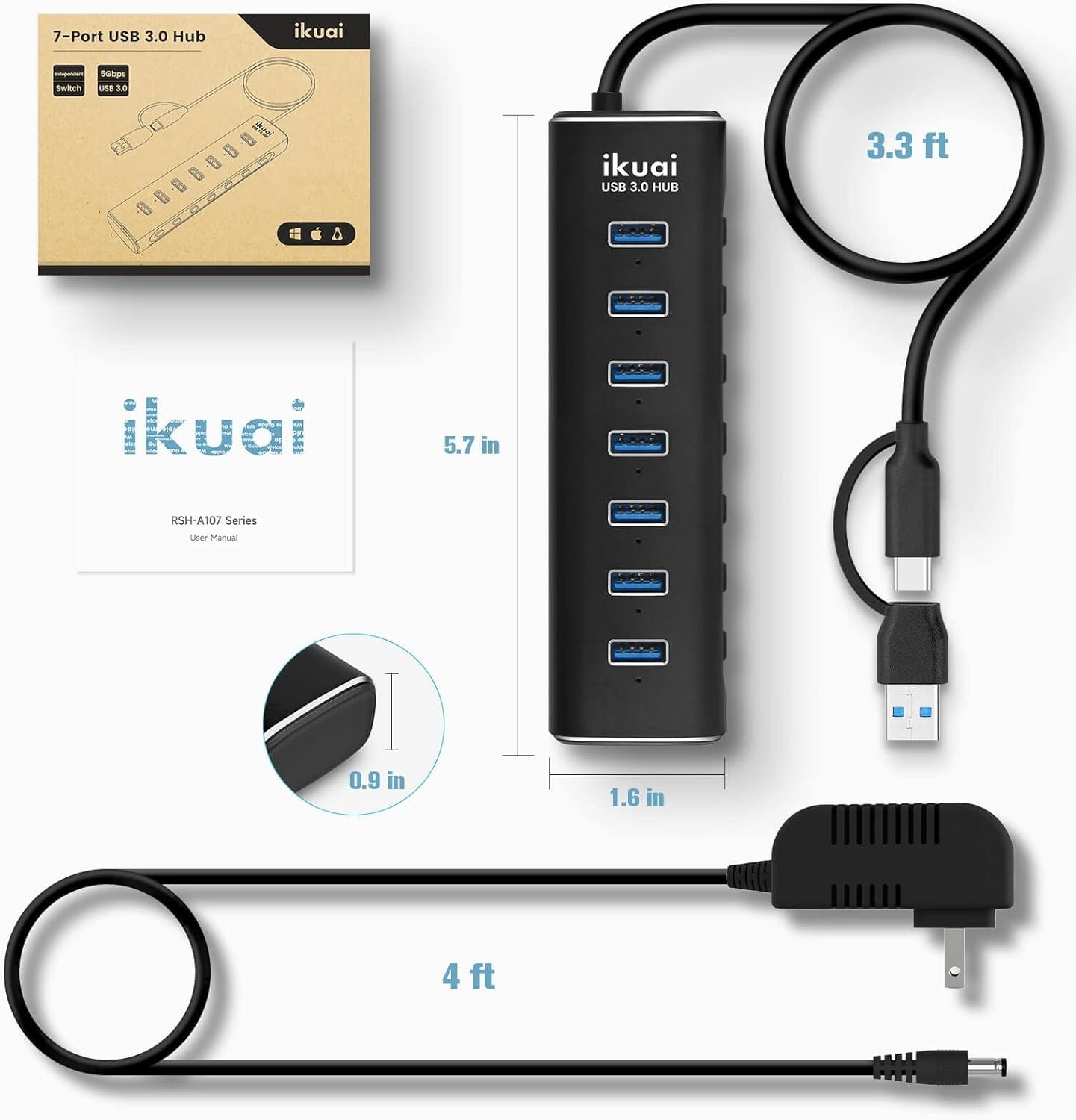 Powered USB 3.0/USB C Hub, Aluminium 7-Port USB Hub Splitter with AC Adapter LED