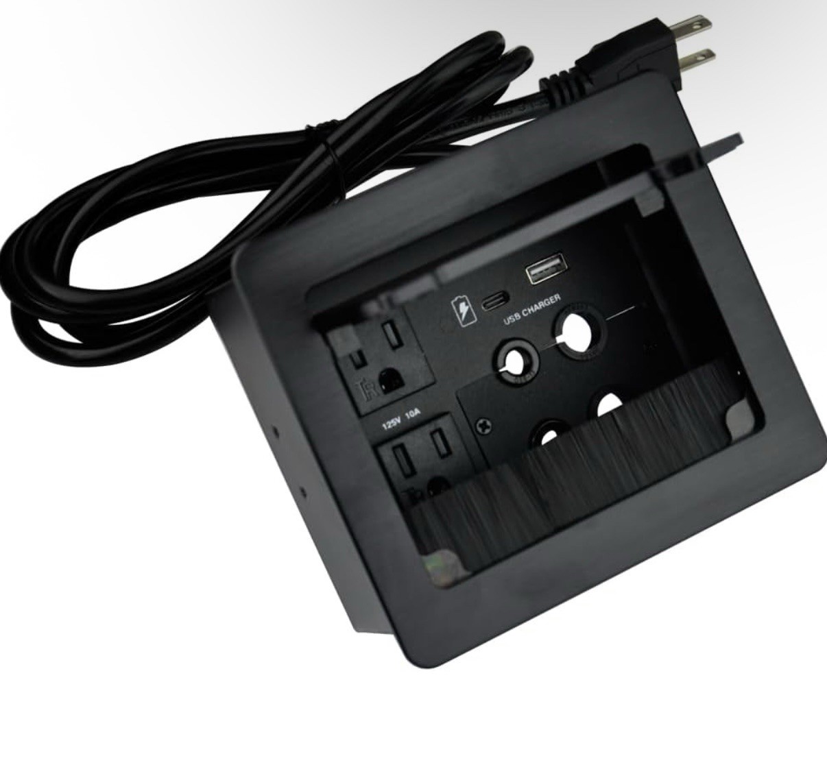 Tabletop Brush Cable Cubby Connectivity Box w2 AC Power 1USB-A Charger 1 USB-C