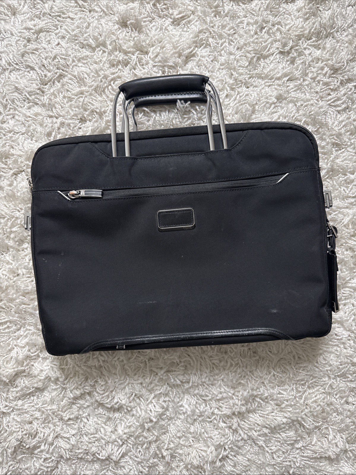 TUMI Vintage Leather Fabric Breif Case Black Several Pockets Double Handles