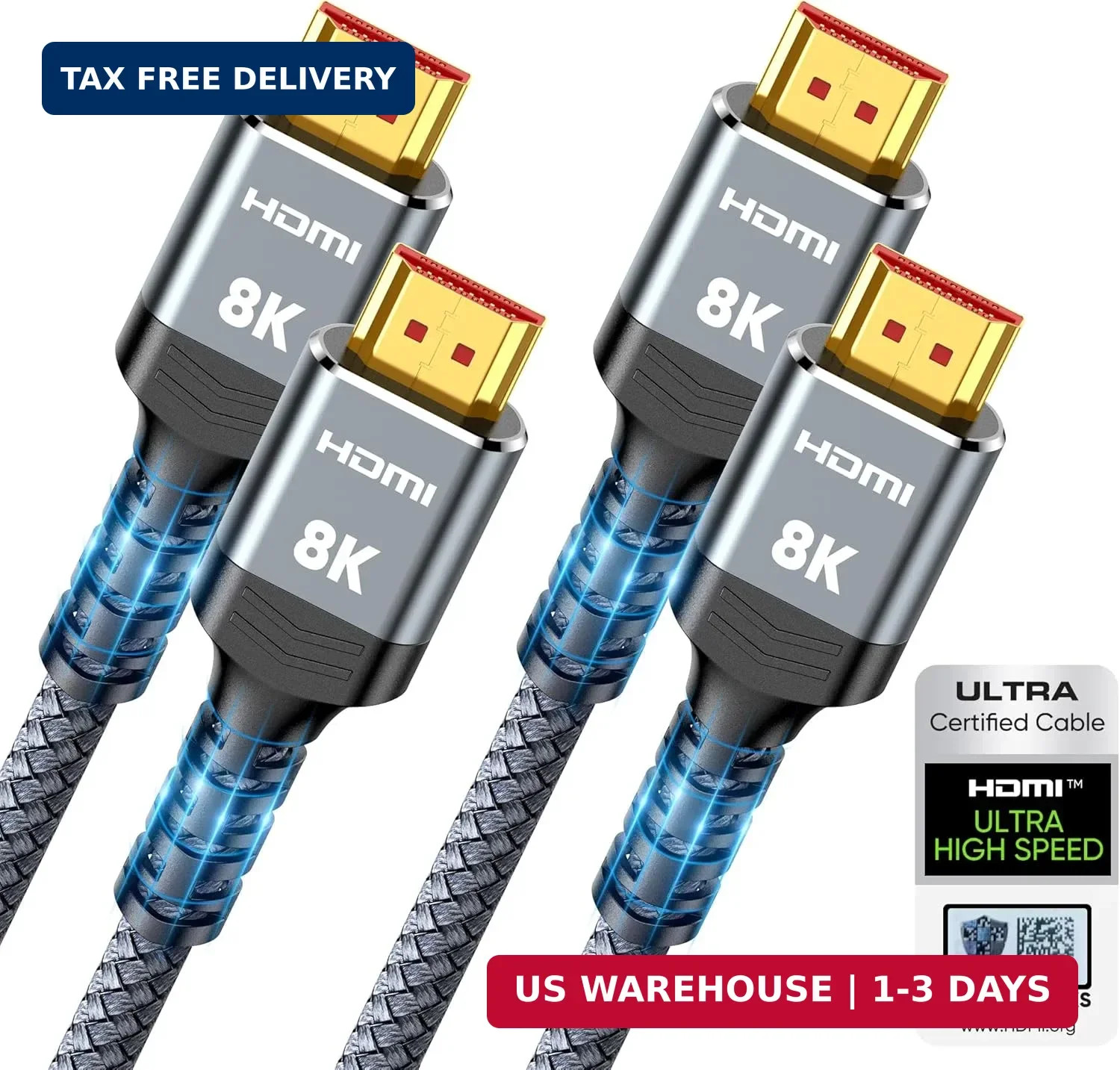10K 8K HDMI 2.1 Cable 2-Pack 6.6FT, Highwings Certified 48Gbps Ultra High Speed