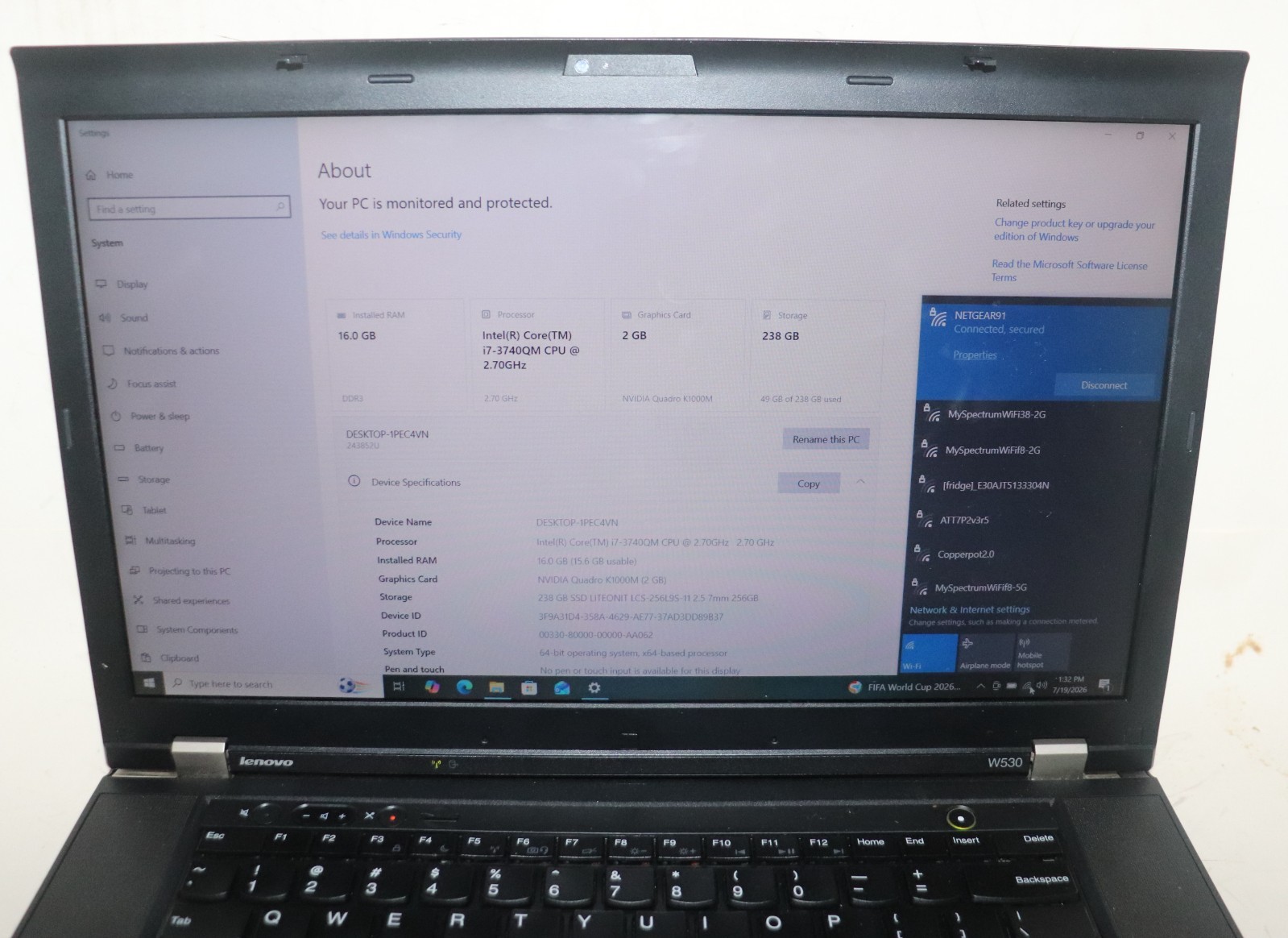 Lenovo ThinkPad W530|Core i7@2.70 GHz|16GB RAM 256SSD|WIN 10. PROF|NVIDIA|WiFi