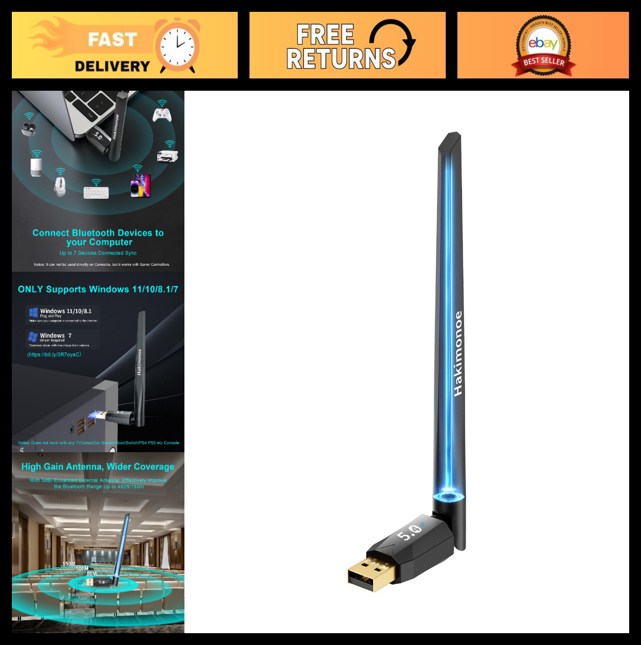 Long Range Bluetooth 5.4 USB Adapter for PC & Laptop – Enhanced Antenna, Windows