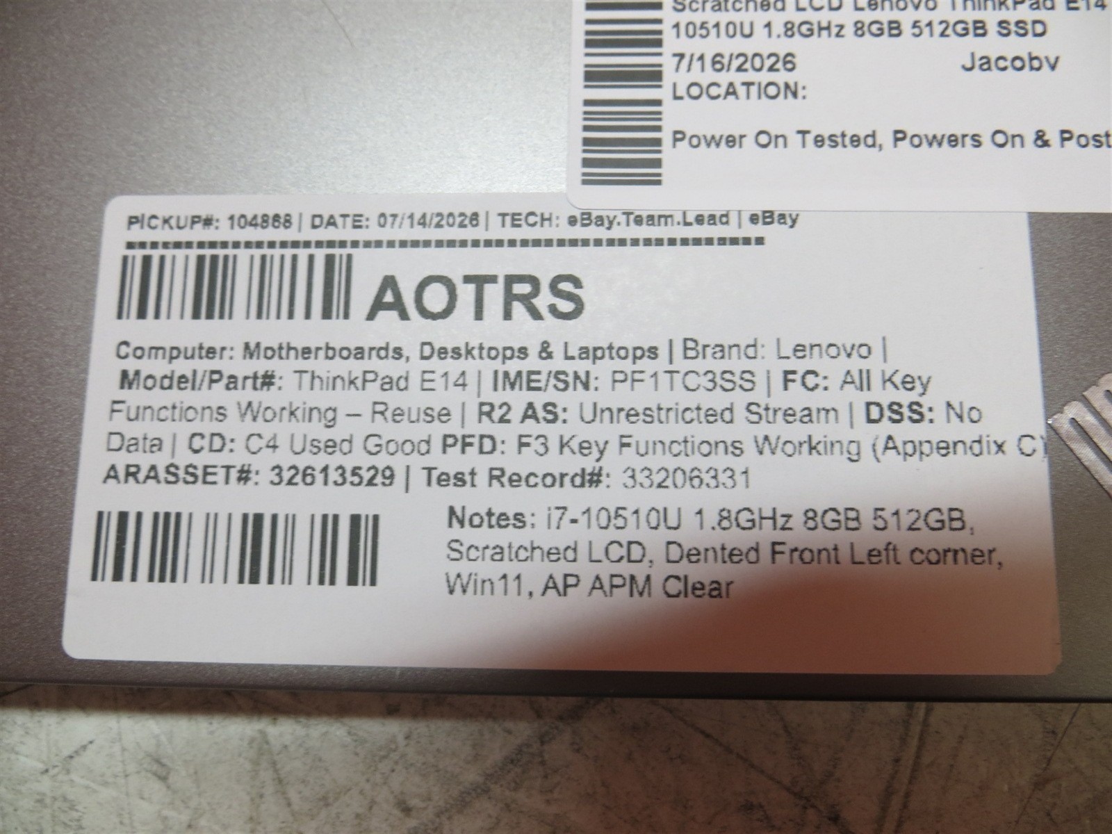 Scratched LCD Lenovo ThinkPad E14 Laptop Intel i7-10510U 1.8GHz 8GB 512GB SSD