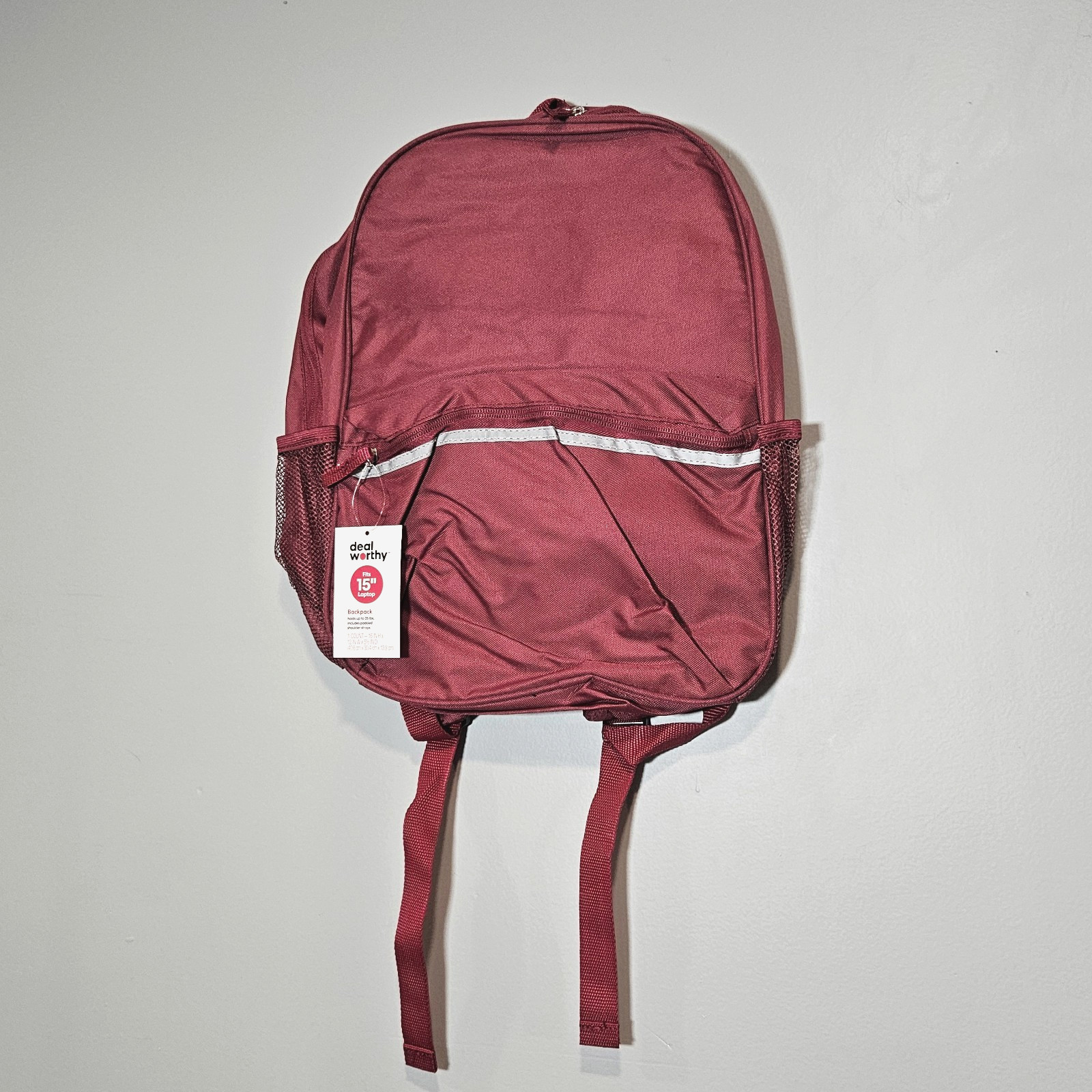 NEW Deal Worthy Backpack One Size Burgundy 15″ Laptop Sleeve Mesh & Zip Pockets