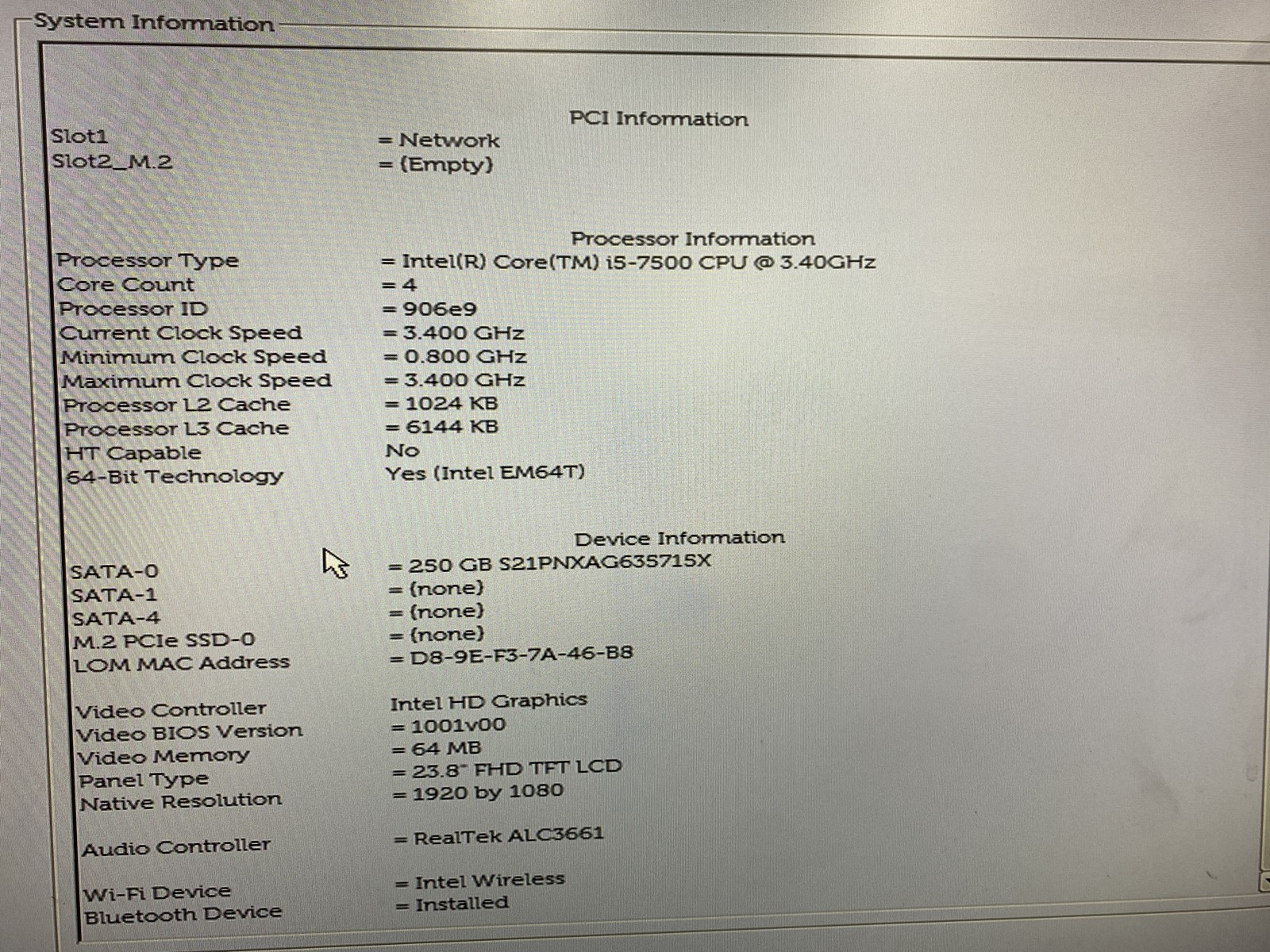 Dell OptiPlex 7450 AIO 23″ Core i5-7500 3.4GHz 8GB RAM 250GB SSD NO OS Good