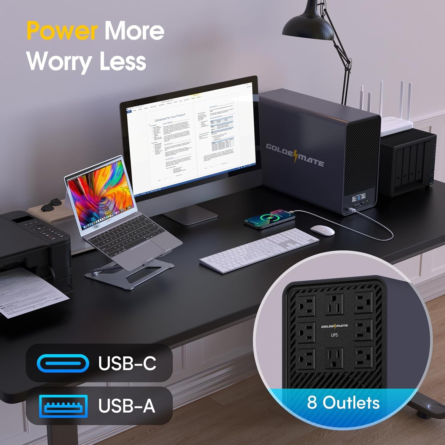 Goldenmate 2000VA 1600W Pure Sine Wave UPS Backup Power Supply LiFePO4 Battery