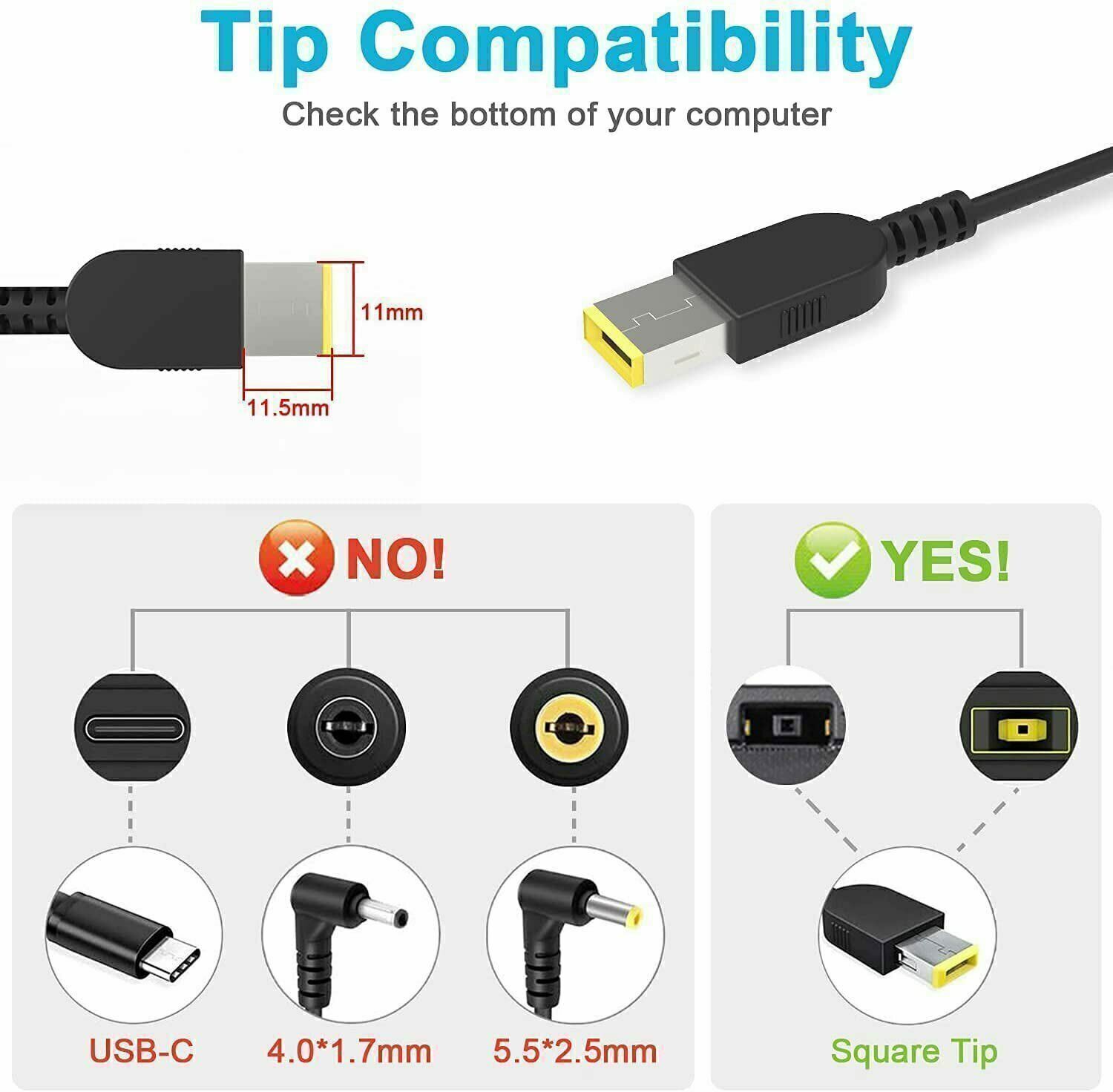 90/65W AC Adapter Charger for Lenovo Slim Tip Laptop Power Supply Cord watts