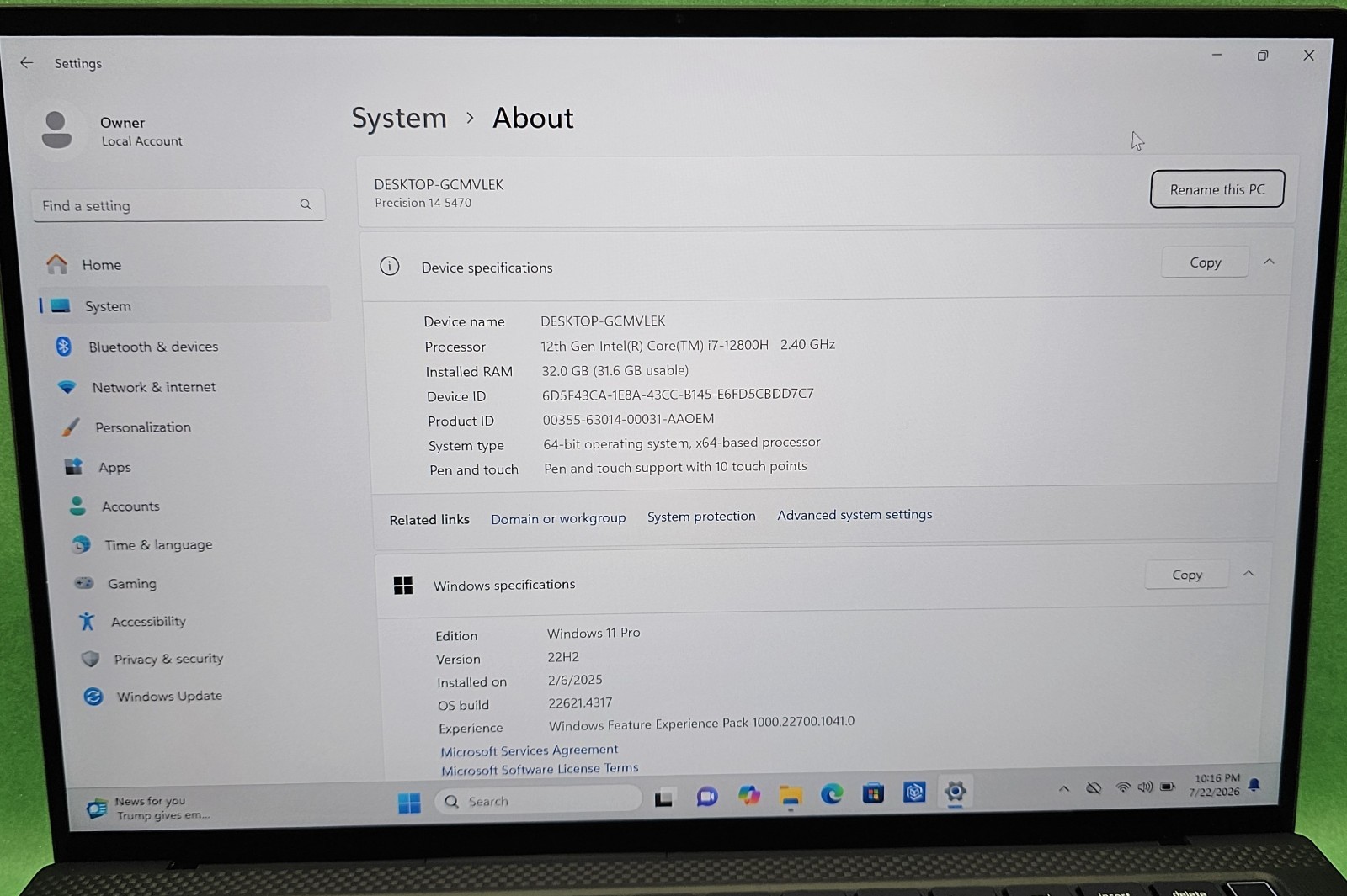 Dell Precision 5470 QHD+ Touch Laptop i7-12800H 2.40GHz 32GB 512GB RTX A1000