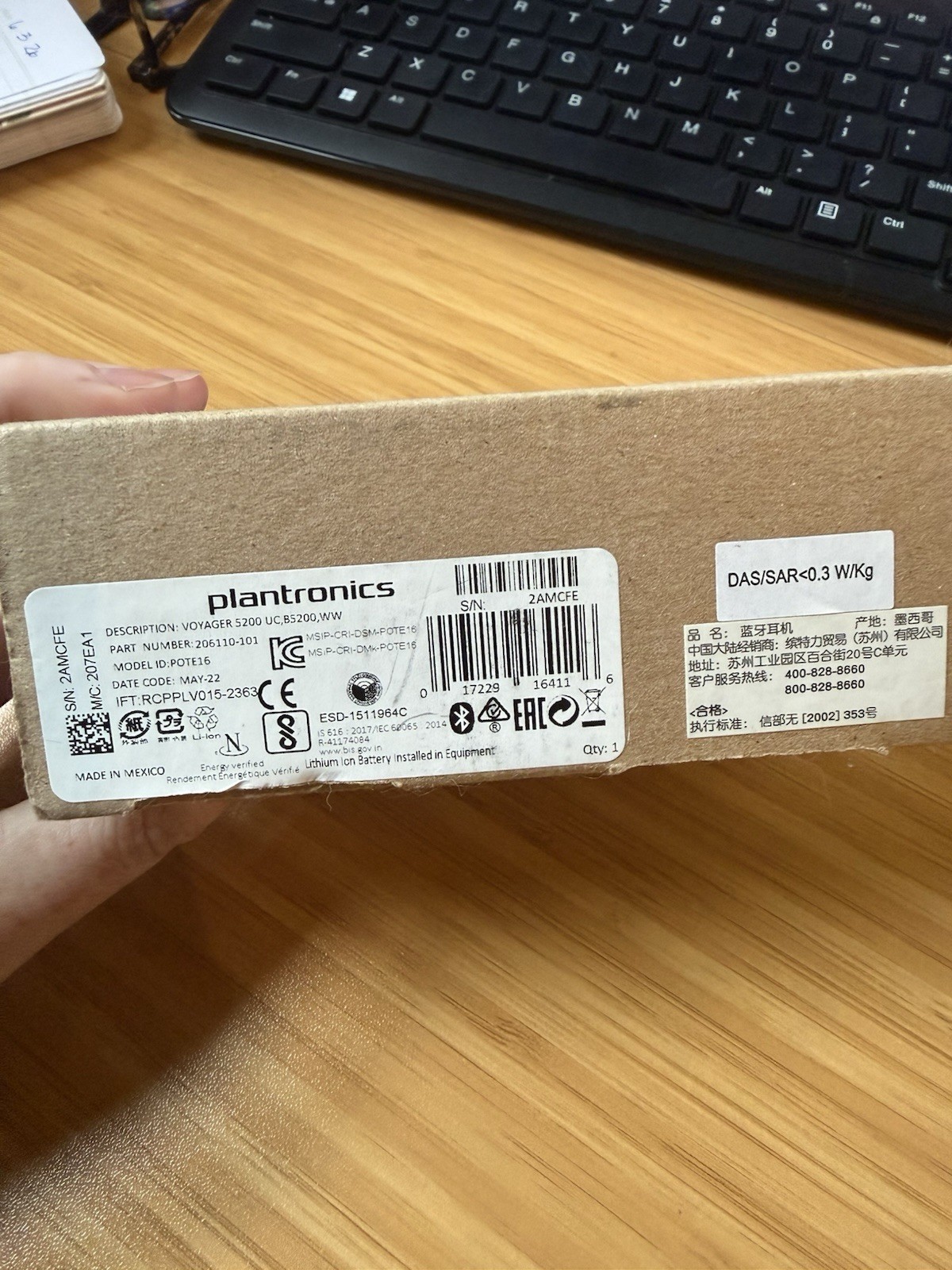 Plantronics Voyager 5200 UC Bluetooth Single-Ear Headset w/ USB Dongle Boom Mic