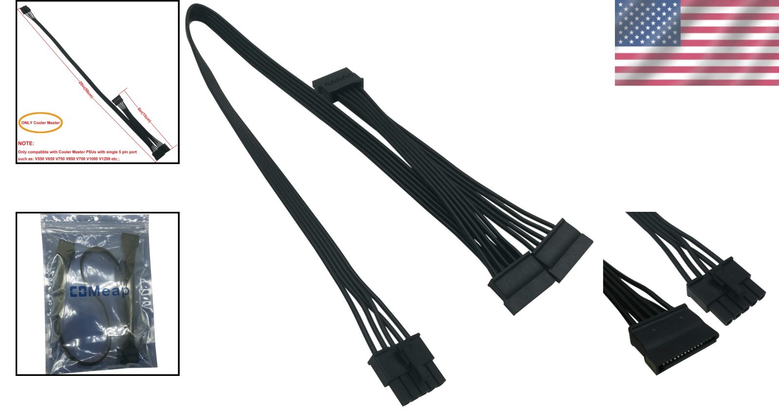 High Current 8A SATA Power Cable for Cooler Master PSUs – Compact and Efficient