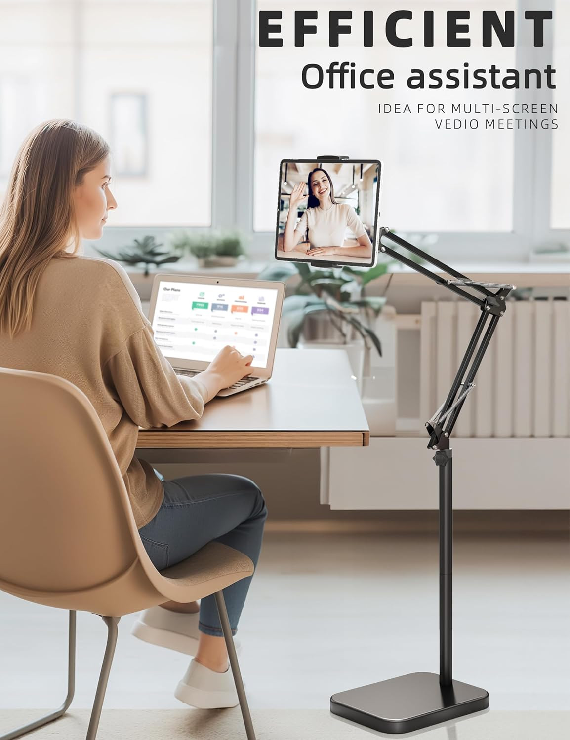 Tablet Floor Stand with 11Lb Stable Base – Adjustable Height Stretchable Arm Swi