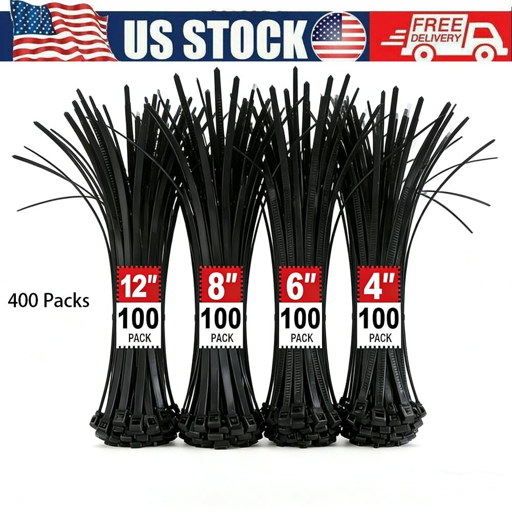 Zip Ties Assorted Sizes 4+6+8+12 Inch, 400 Pack, Black Cable Ties, UV Resistant