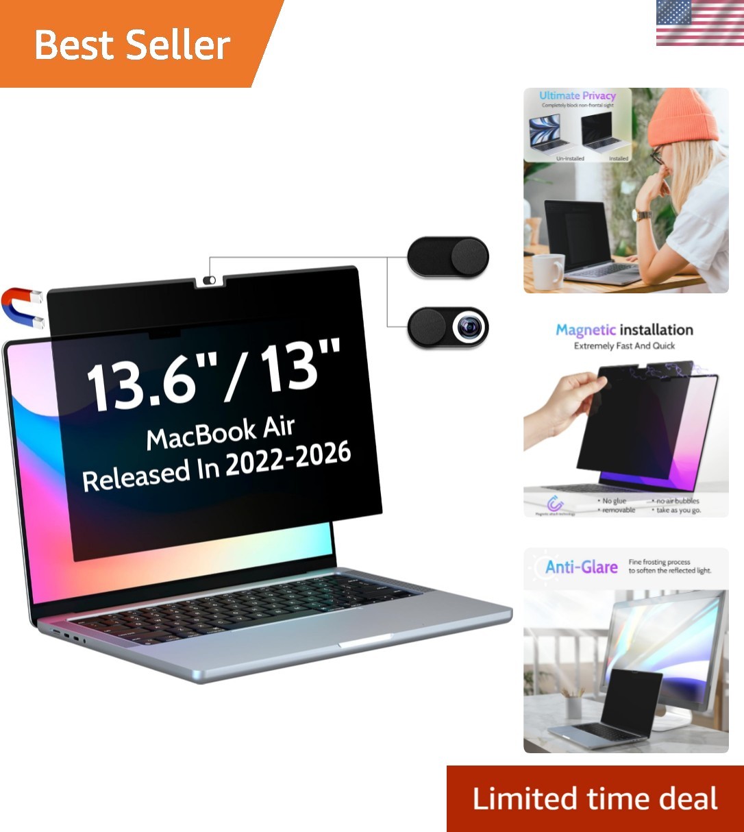 Magnetic Privacy Screen for Macbook Air 13.6/13 Inch 2022-2026, M2, M3, M4, M…