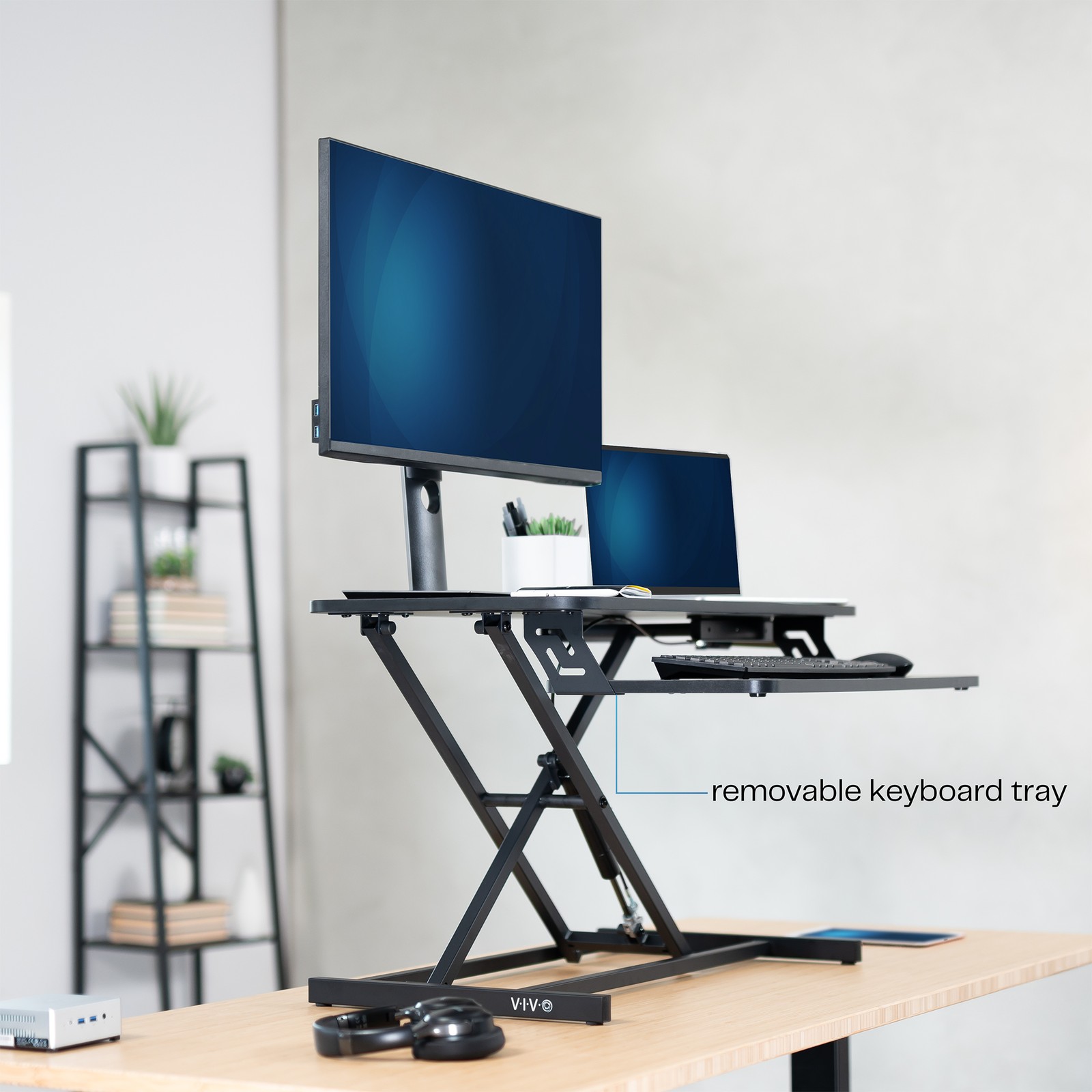 VIVO Black Height Adjustable 32″ Standing Desk Monitor Riser, Sit Stand Tabletop