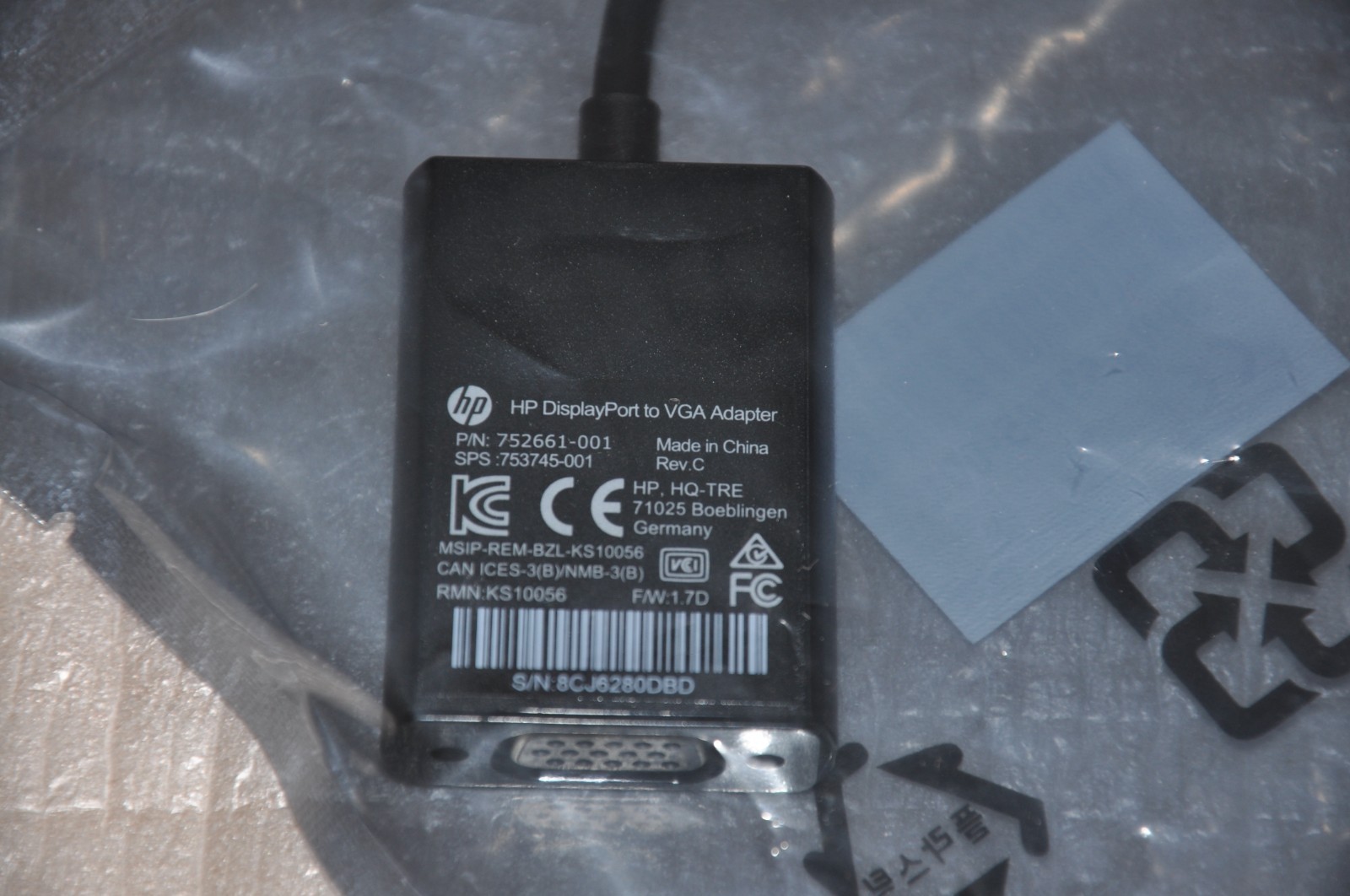 HP DisplayPort To VGA Adapter P/N:752661-001 753745-001 Display Port – VGA Cable