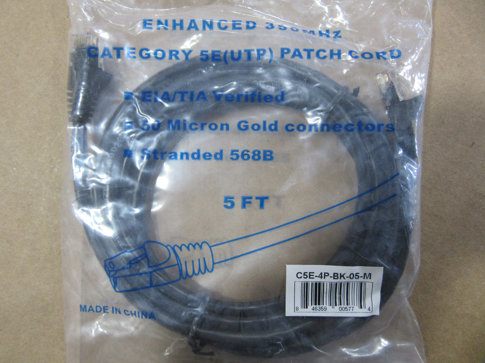 C5E-4P-BK-05-M Category 5E(UTP) Patch Cord 50 Micron Gold Connector 568B NEW!!!