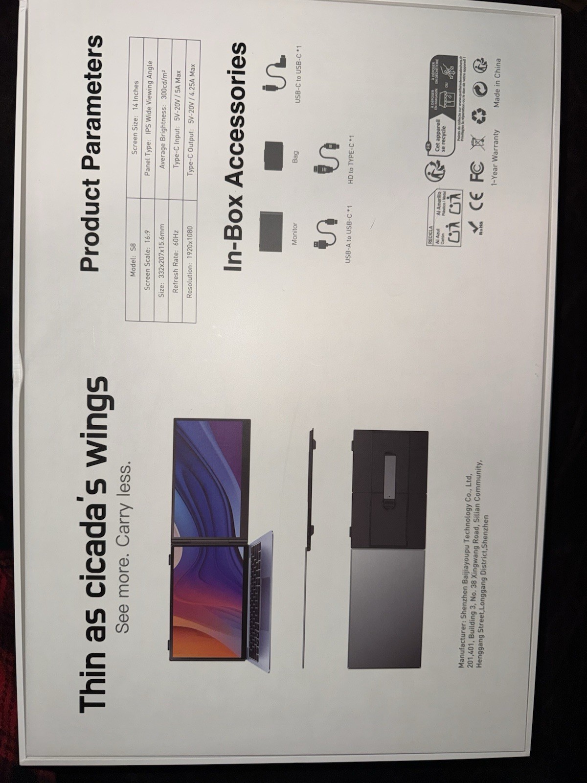 Hyangin S8 Pro Triple Monitor Portable Laptop Screen Extender Ultra Slim 1080P