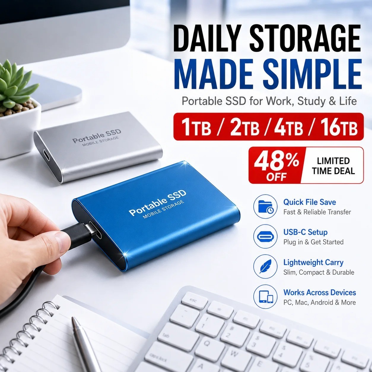 4TB External Hard Drive Quiet Operation Mobile Storage Type-C – Free Shipping US