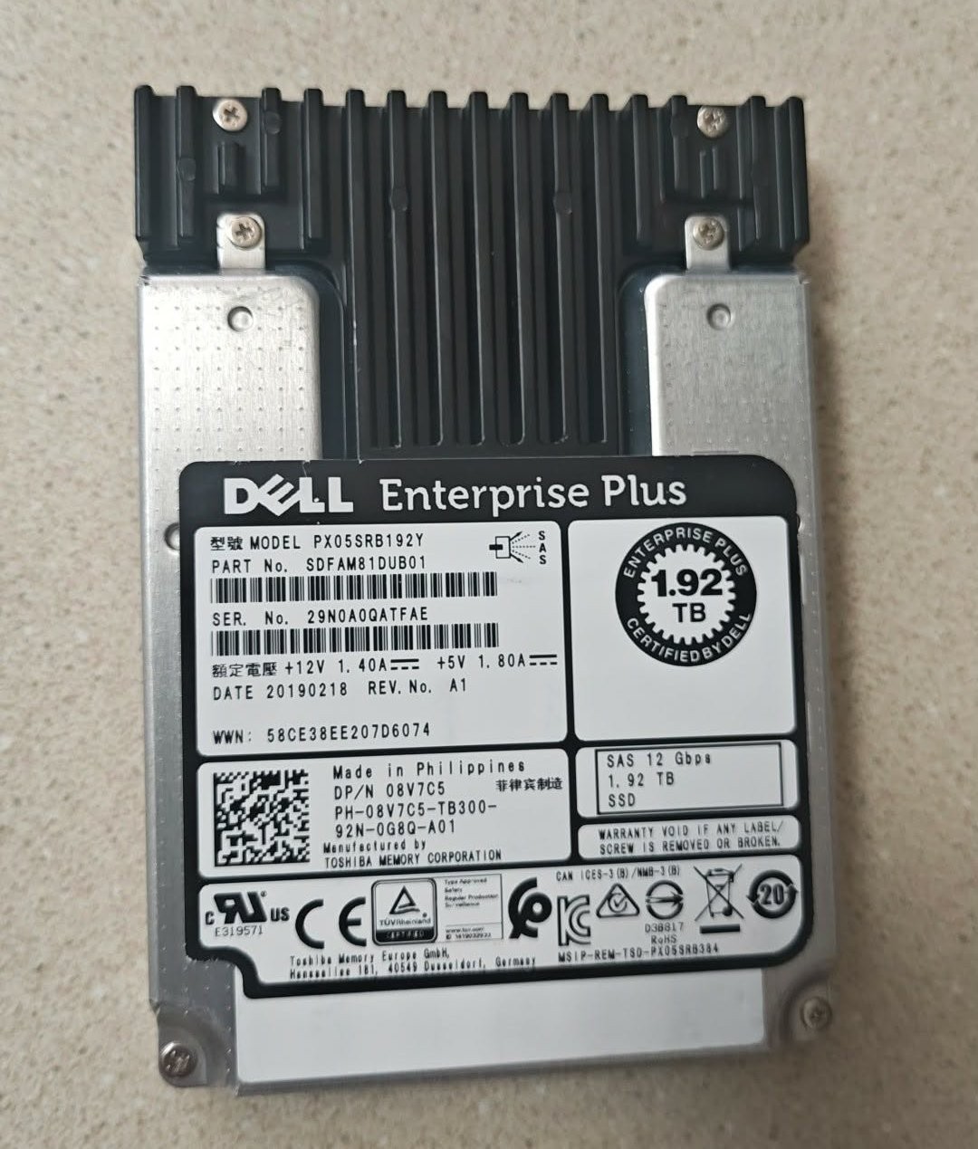 Dell Toshiba 1.92TB SAS 12Gbps 2.5 Enterprise Plus SSD PX05SRB192Y | 100% Health