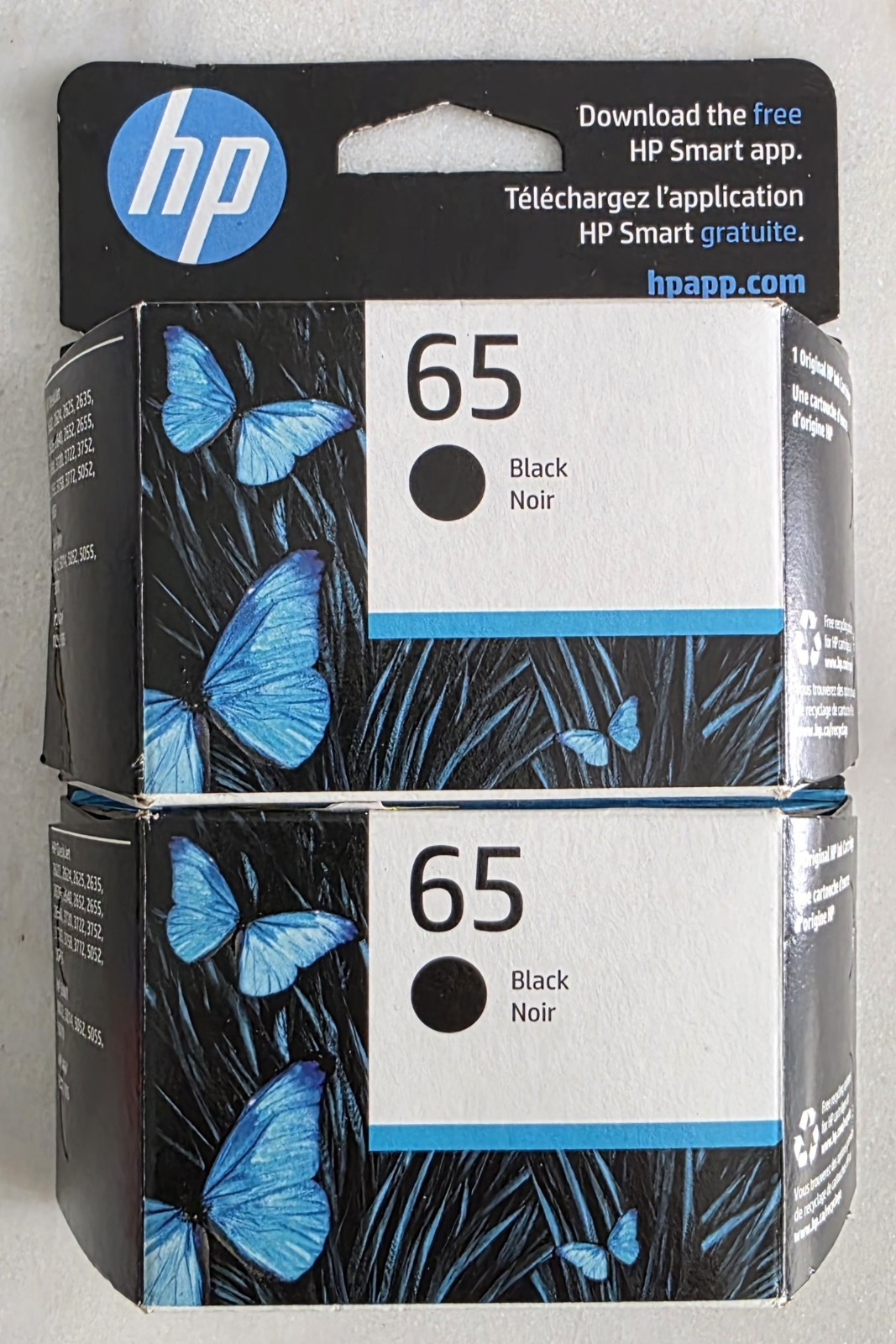 Lot of 2 Genuine hp 65 Black Noir Ink Cartridge August 2027 N9K02AN New Unopened