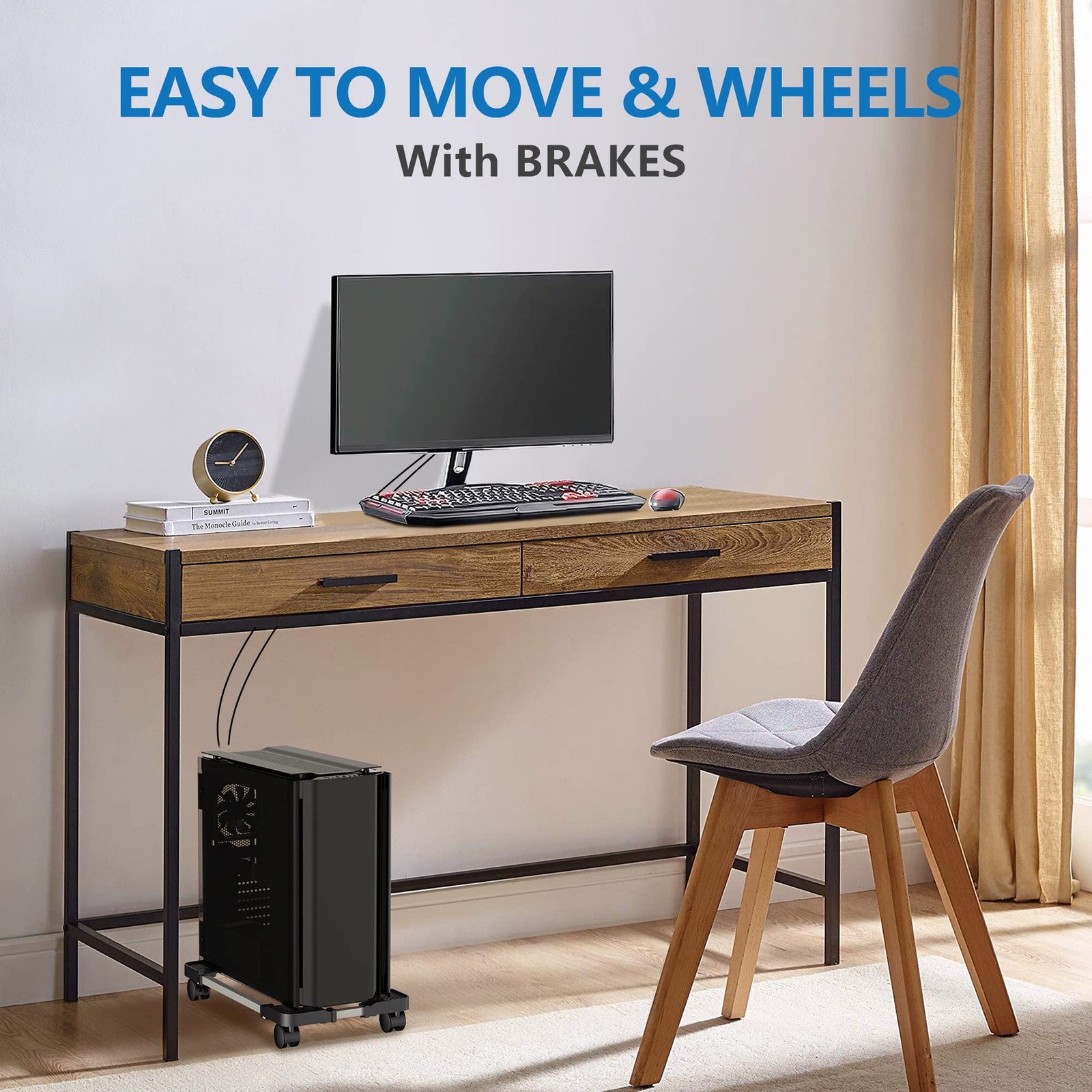 Adjustable Computer Tower Stand Mobile PC CPU Holder Cart Riser with Wheels