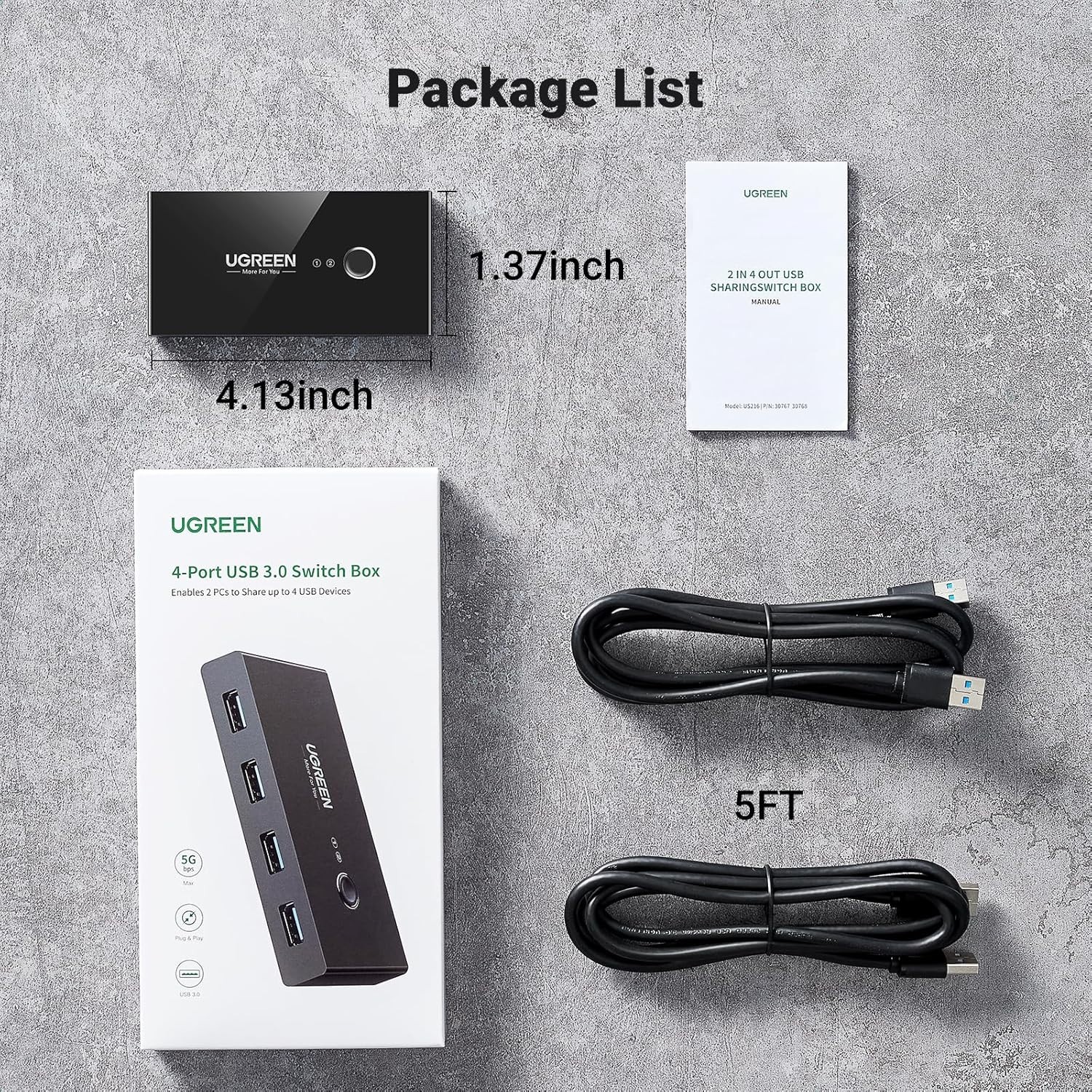 USB 3.0 2-to-4 Switch Selector with One-Button Control & Cables