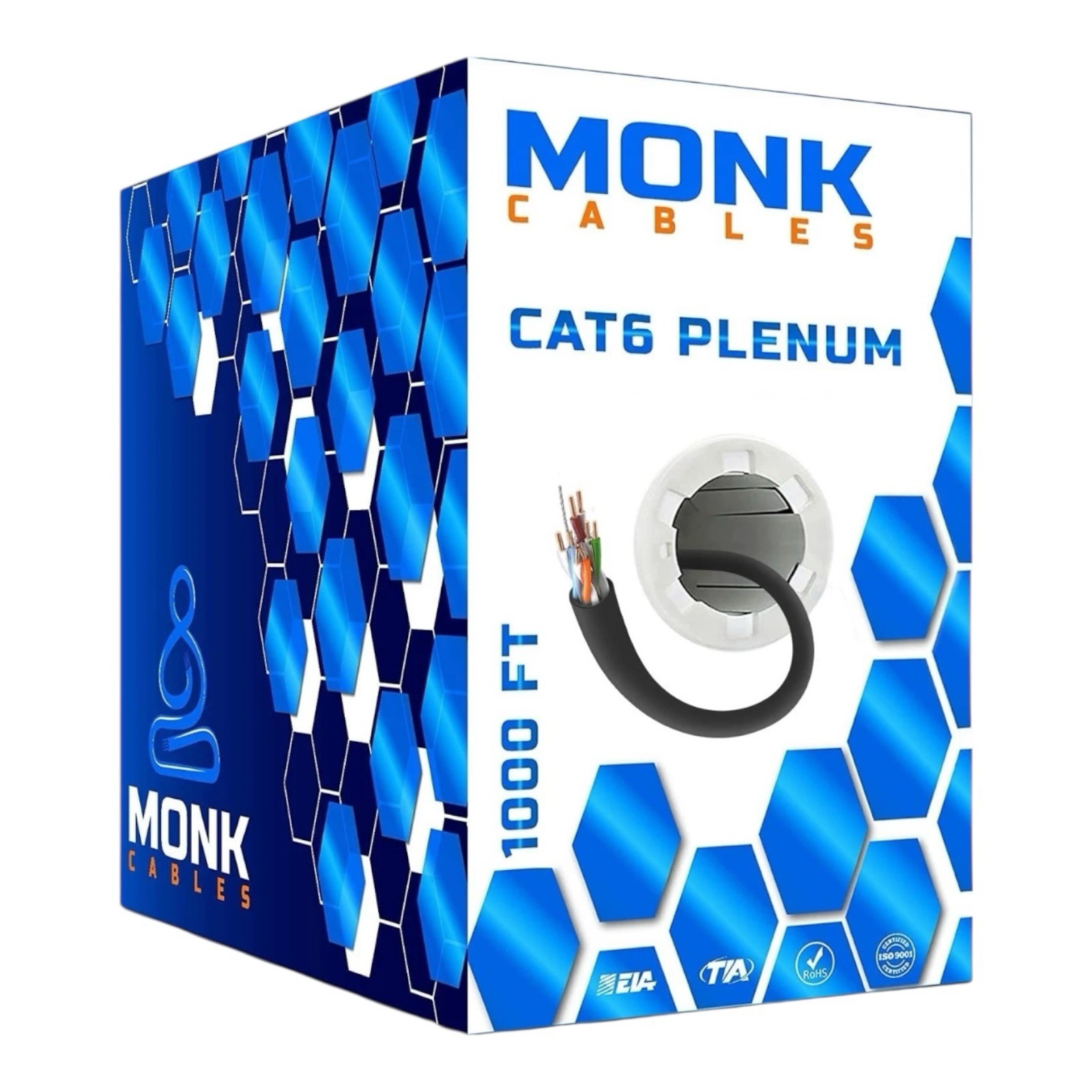 Monk Cables CAT6 Plenum Cable 1000ft Black UTP 23AWG 550MHz DSX-8000 NEW