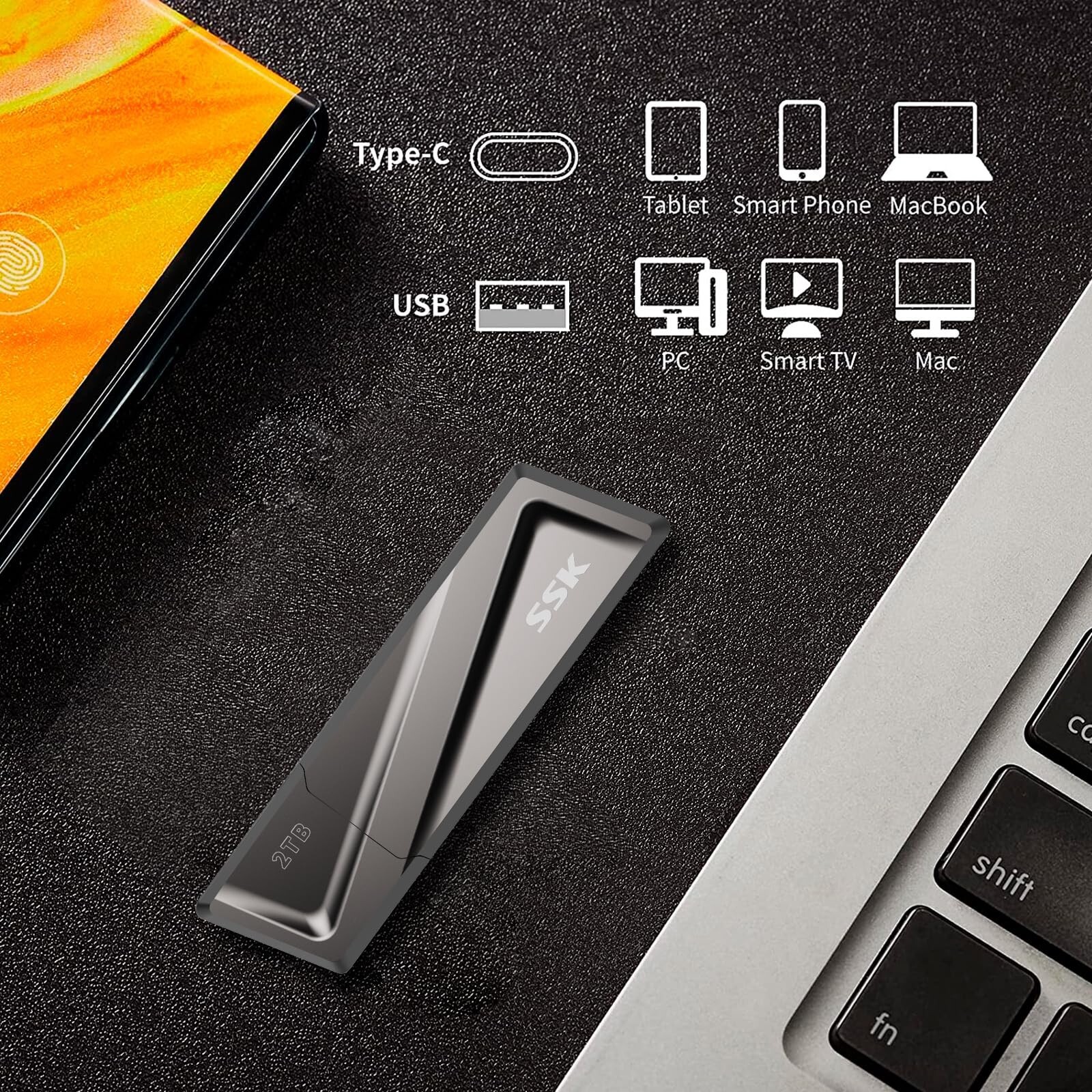SSK SSD USB Flash Drive USB 3.2 550MB/s + USB C Adapte For Laptop, Smartphone
