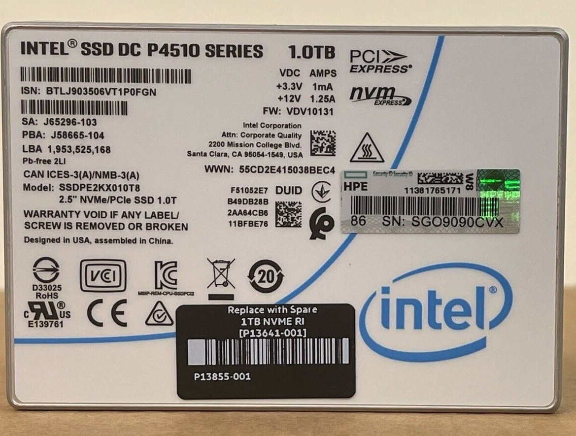 HPE Intel 1TB DC P4510 NVMe U.2 x4 RI 2.5 SSD 1 DWPD 30 to 100% Read Intensive
