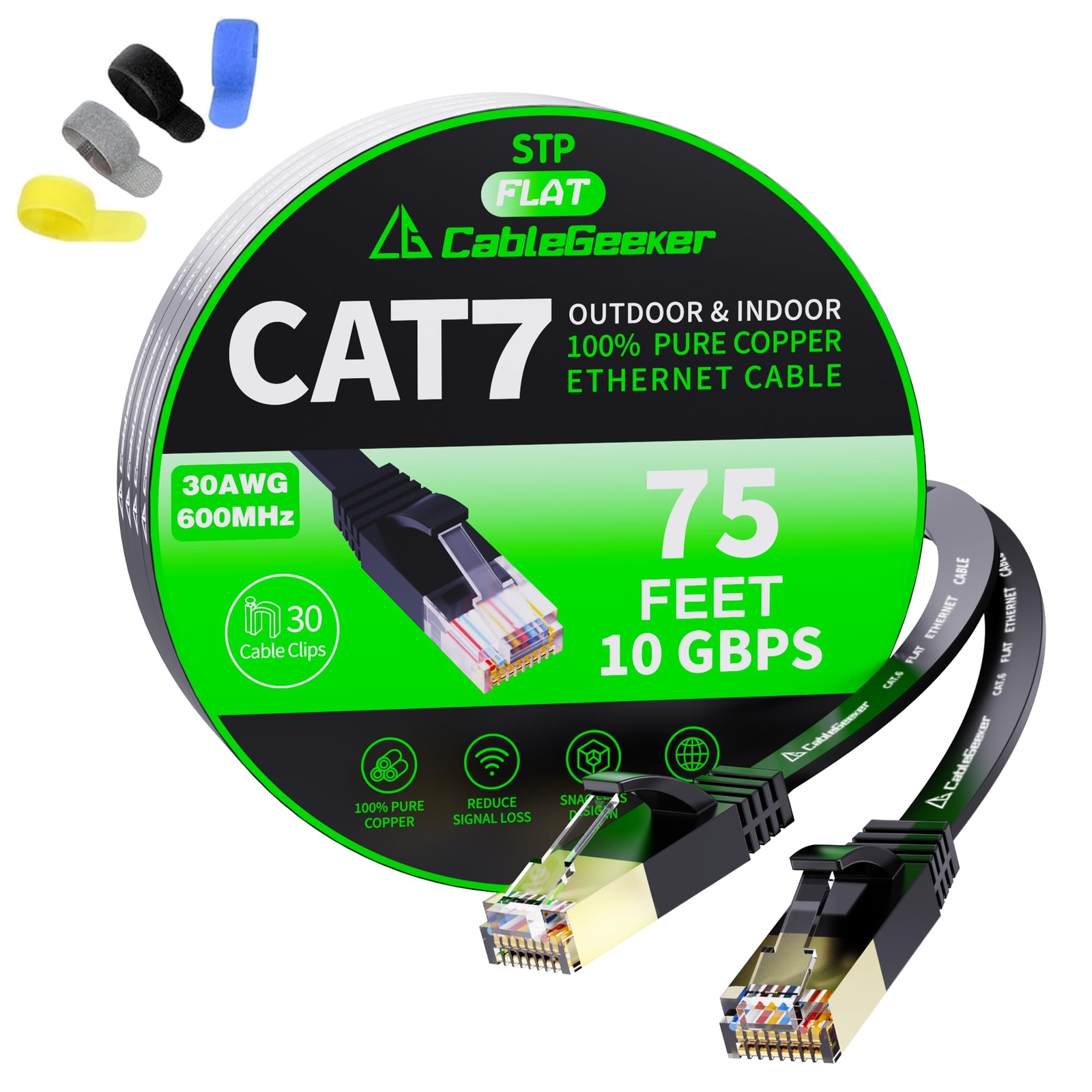Cat7 Ethernet Cable 75ft Flat Shielded LAN Patch Cable Black High Speed