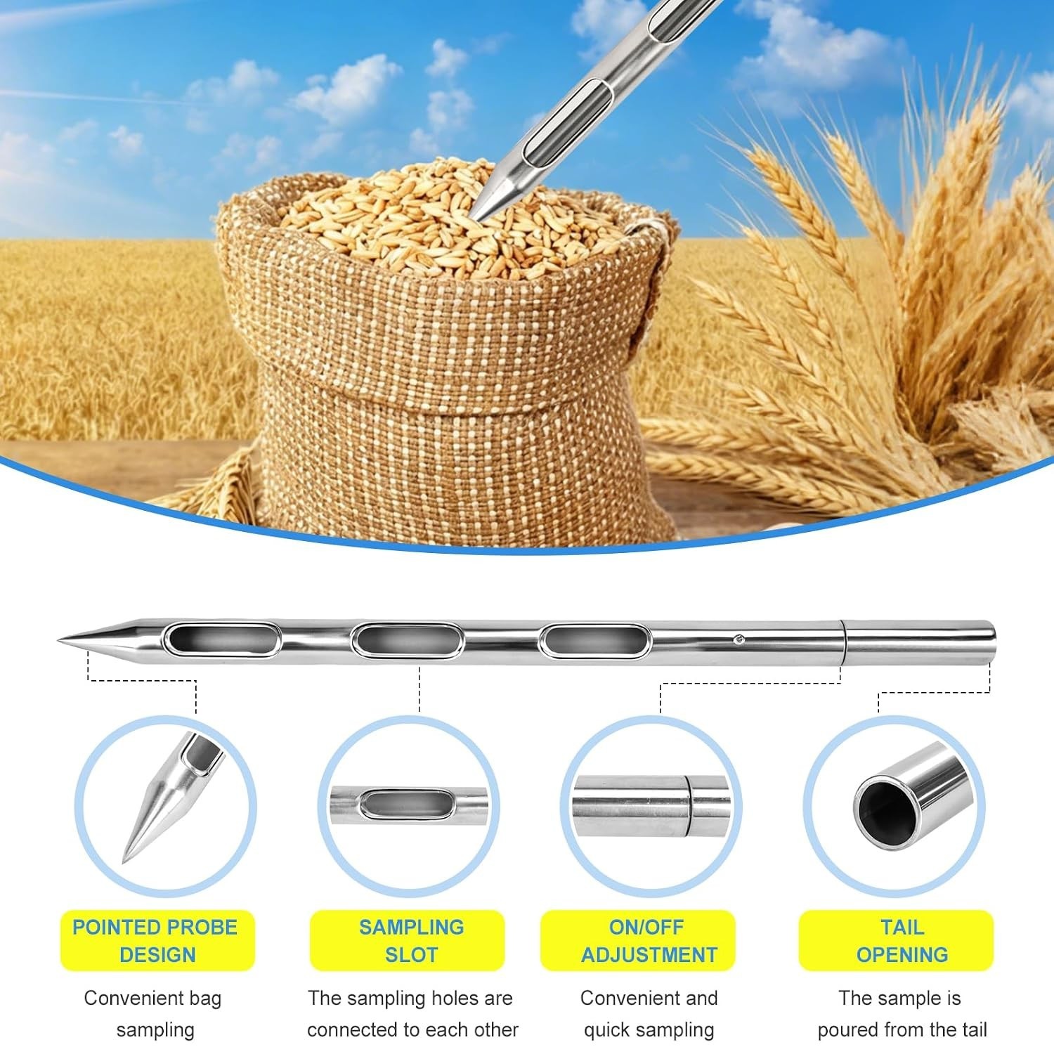 Grain Probe Sampler – 304 Stainless Steel Double Tube Rotary Tool for Powder, Fe