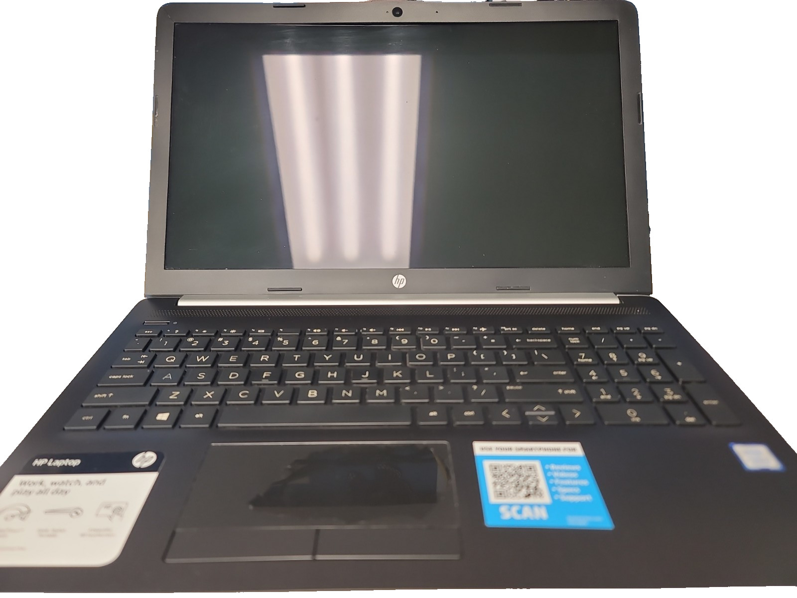 HP Laptop 15-da0xxx, Intel i3-8130U, 8gb RAM, 15.6″, no HDD, Working, As Is